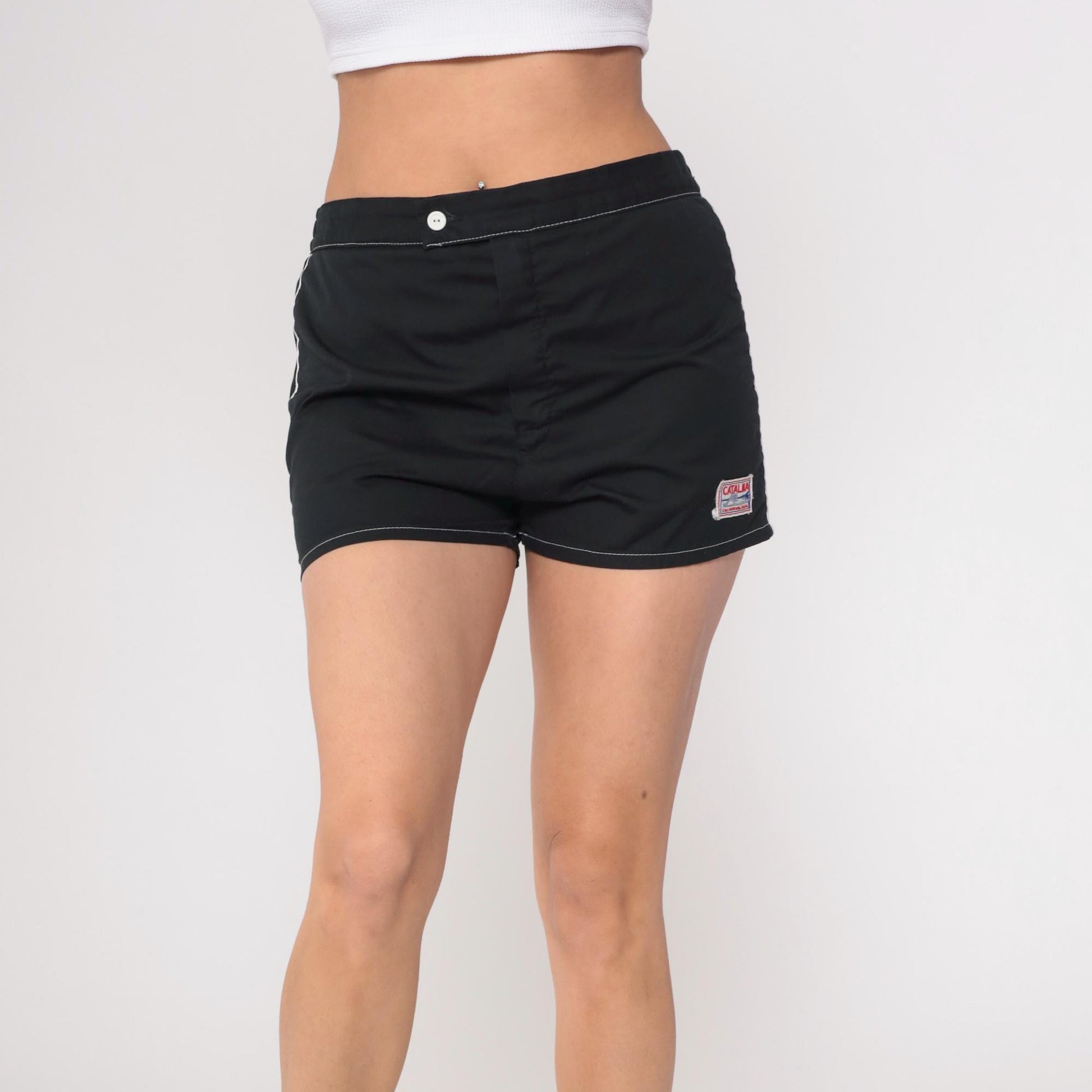 70s Catalina Black Swim Shorts White Contrast Stitching Elastic Waist Large