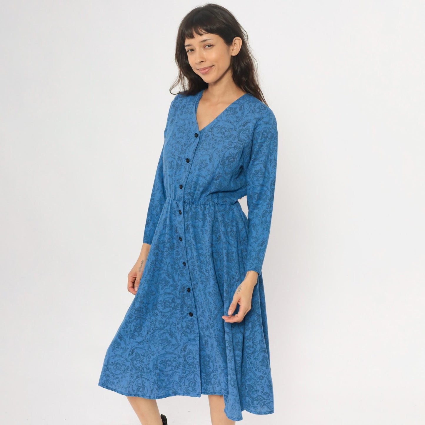 80s Blue Paisley Button-Front Dress V-Neck Long Sleeve Gathered Waist Medium M