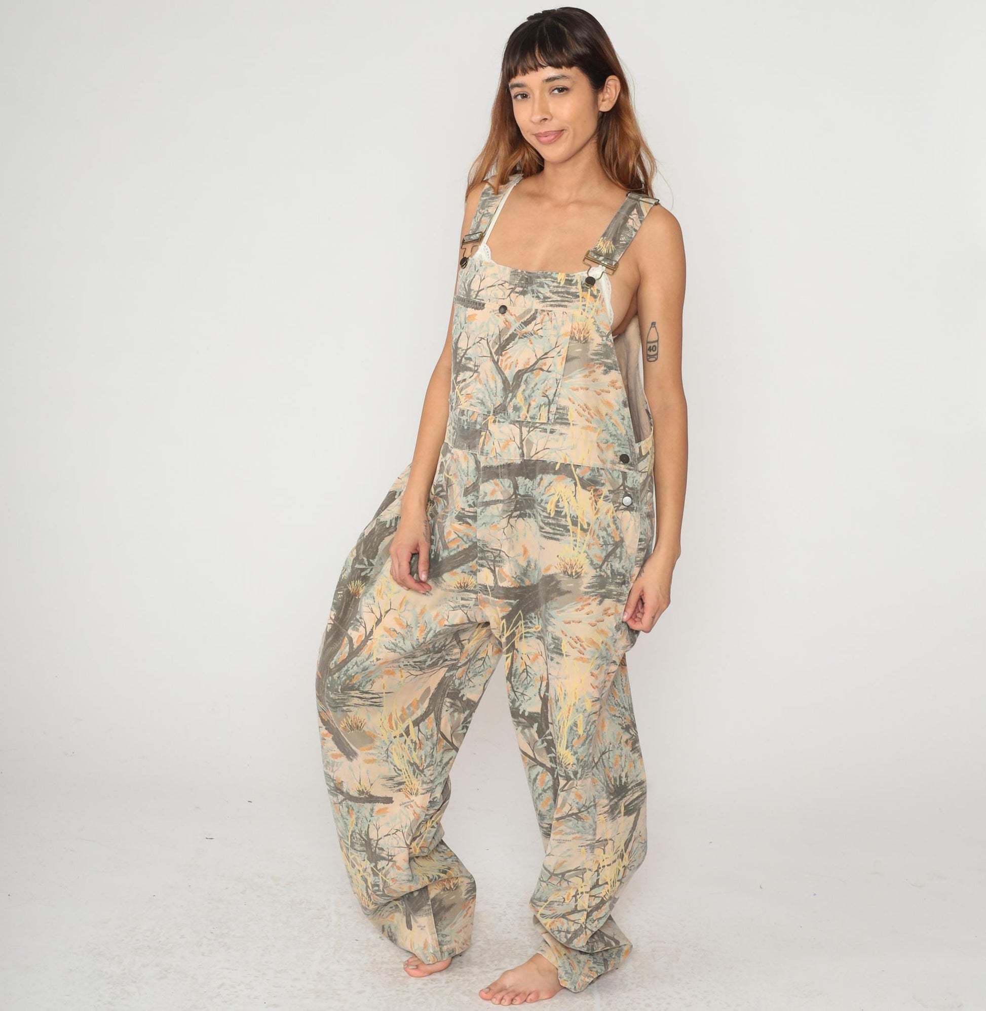 90s Everywear West Nature Print Overalls Wide Leg Beige XL
