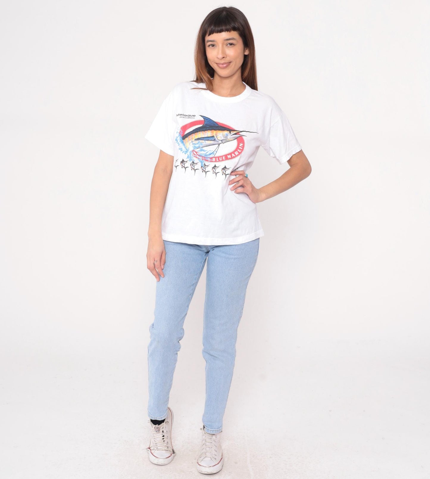 Y2K Blue Marlin Swordfish Graphic Tee Jalisco Mexico White Crew Neck Medium