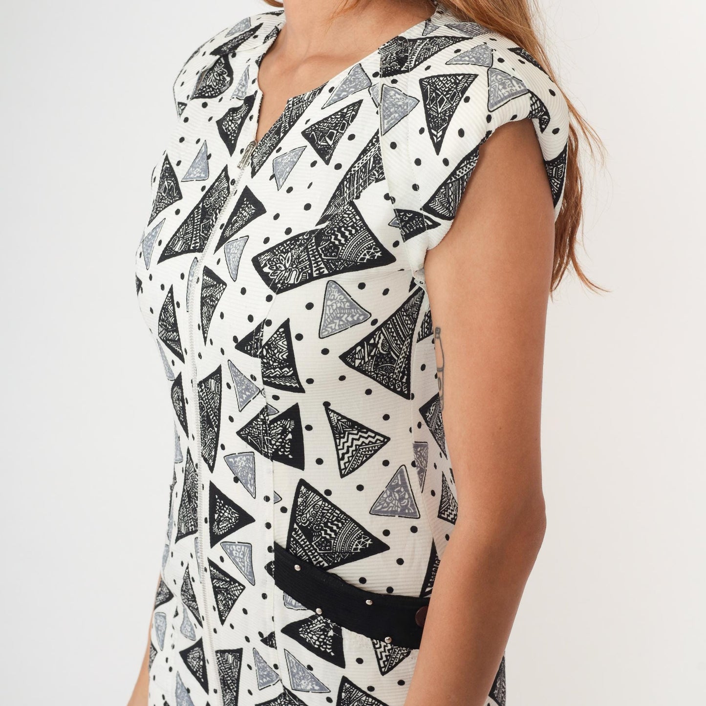 Y2K Gimo's White Mini Dress Triangle Geometric Print Zip Front Small S
