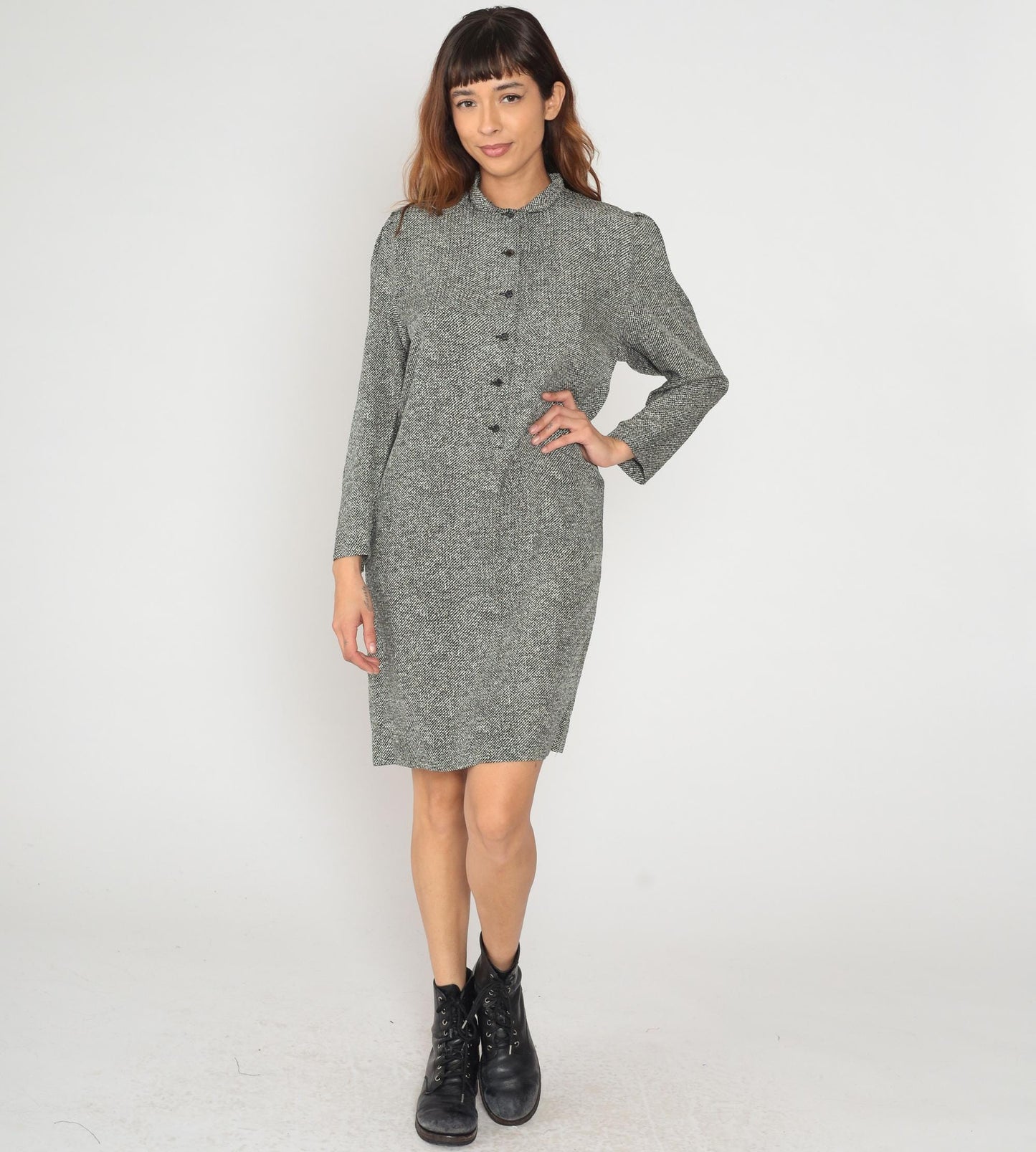 80s Claire Barrat Black White Tweed Shirt Dress Knee Length Collared Large