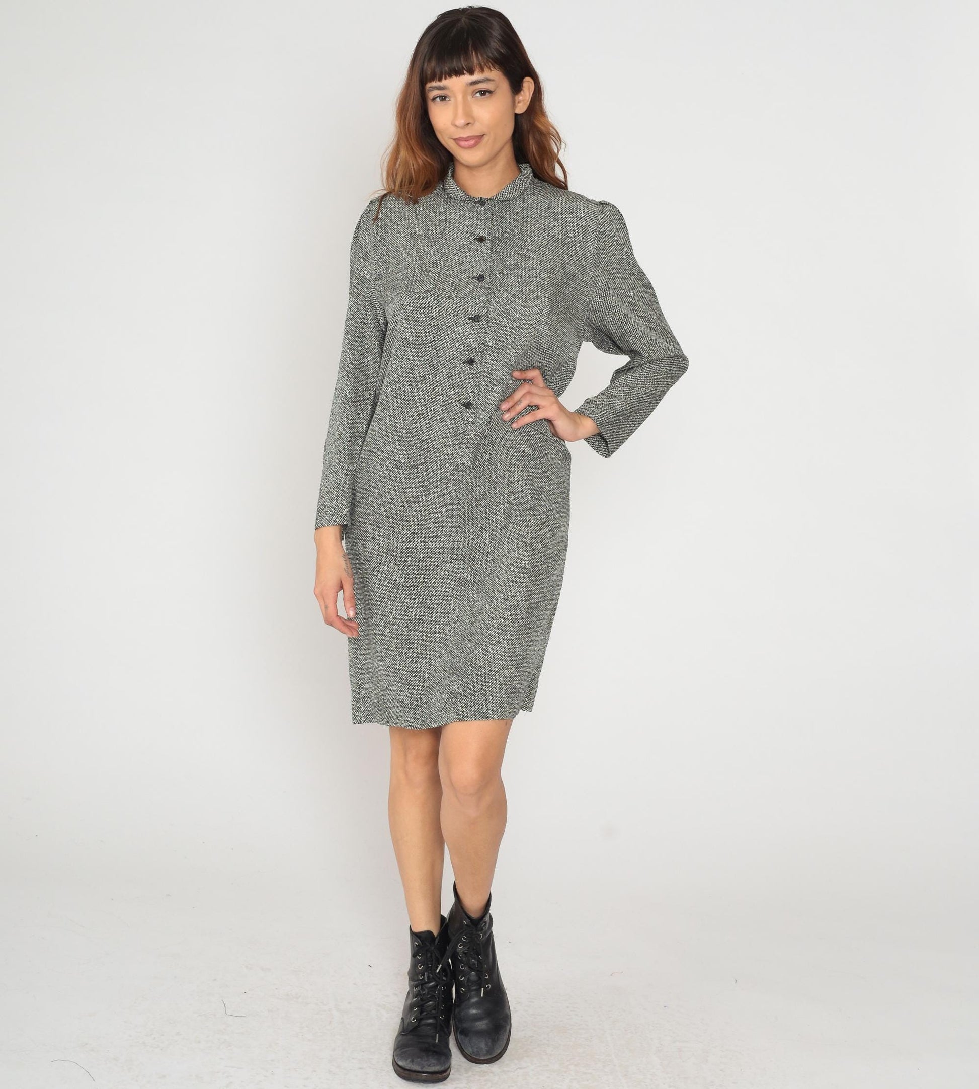 80s Claire Barrat Black White Tweed Shirt Dress Knee Length Collared Large