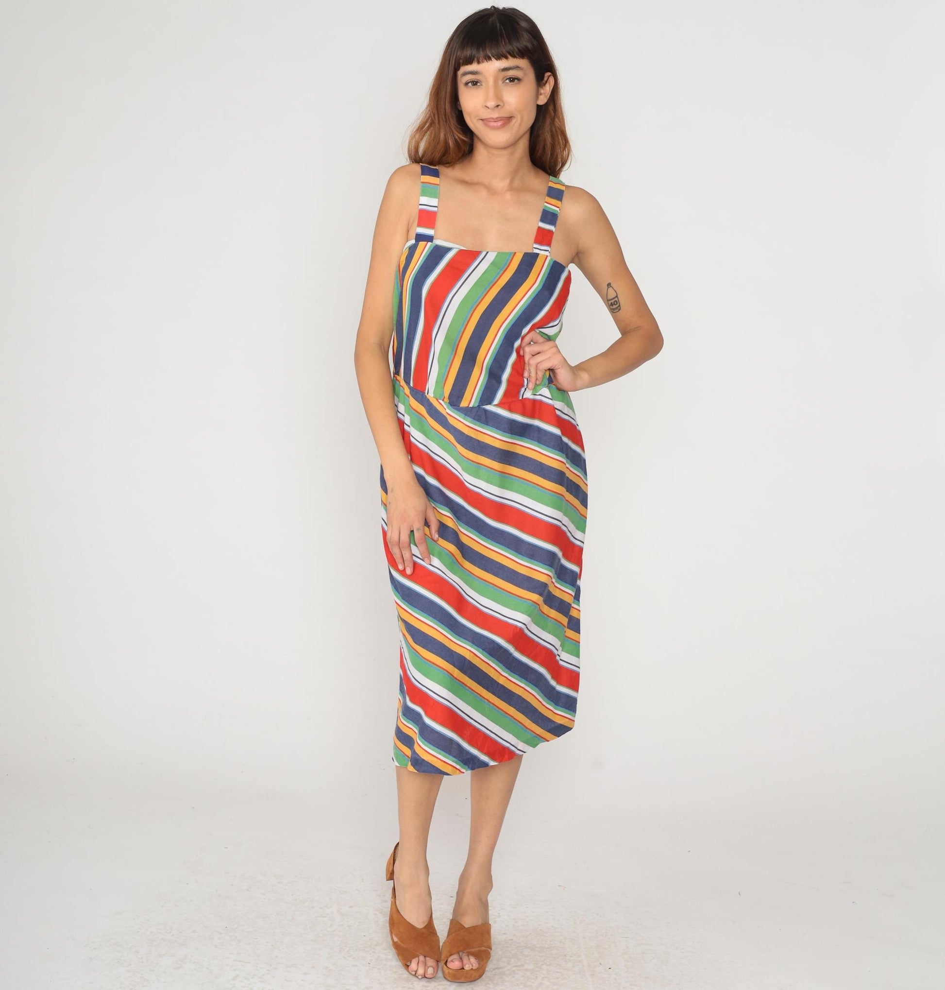 80s Rainbow Striped Midi Dress Diagonal Geometric Navy Red Green Yellow Sleeveless Large