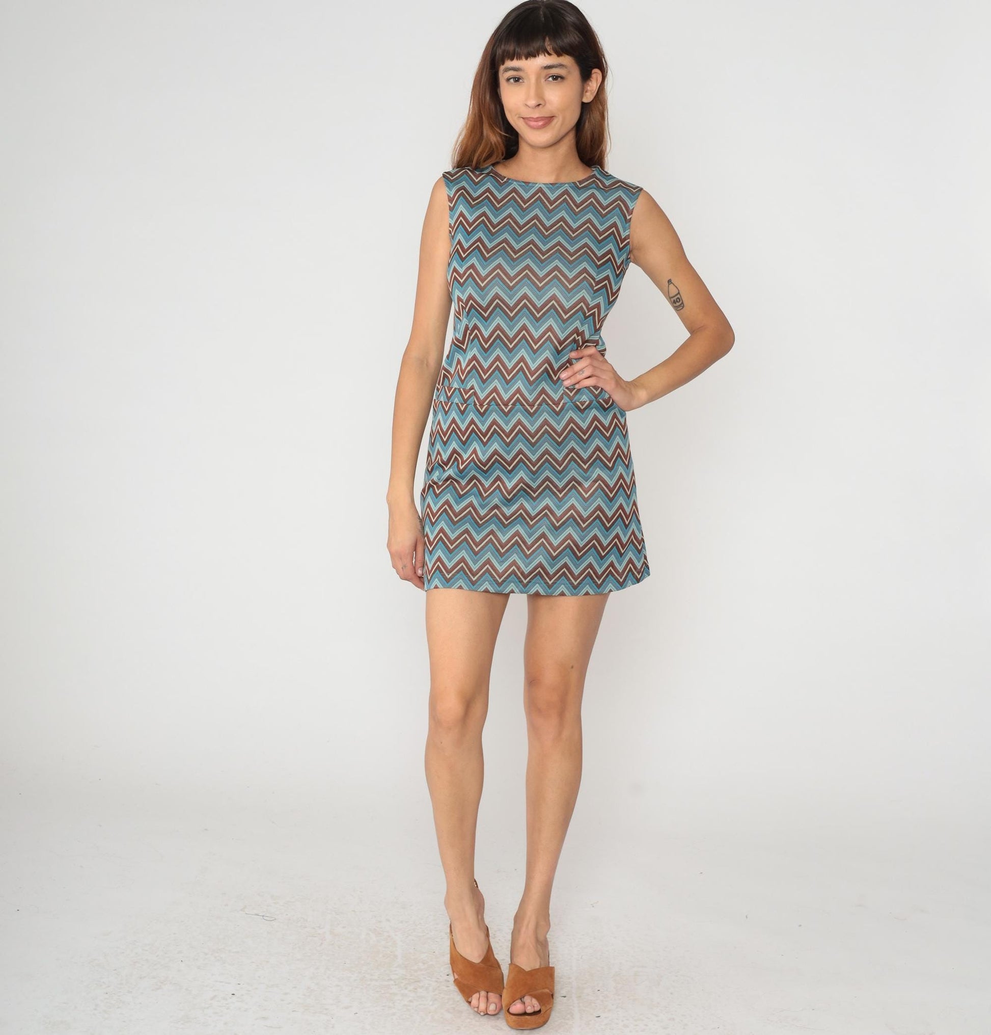 Y2K Chevron Mini Dress Turquoise Brown Cream Shift Sleeveless Small