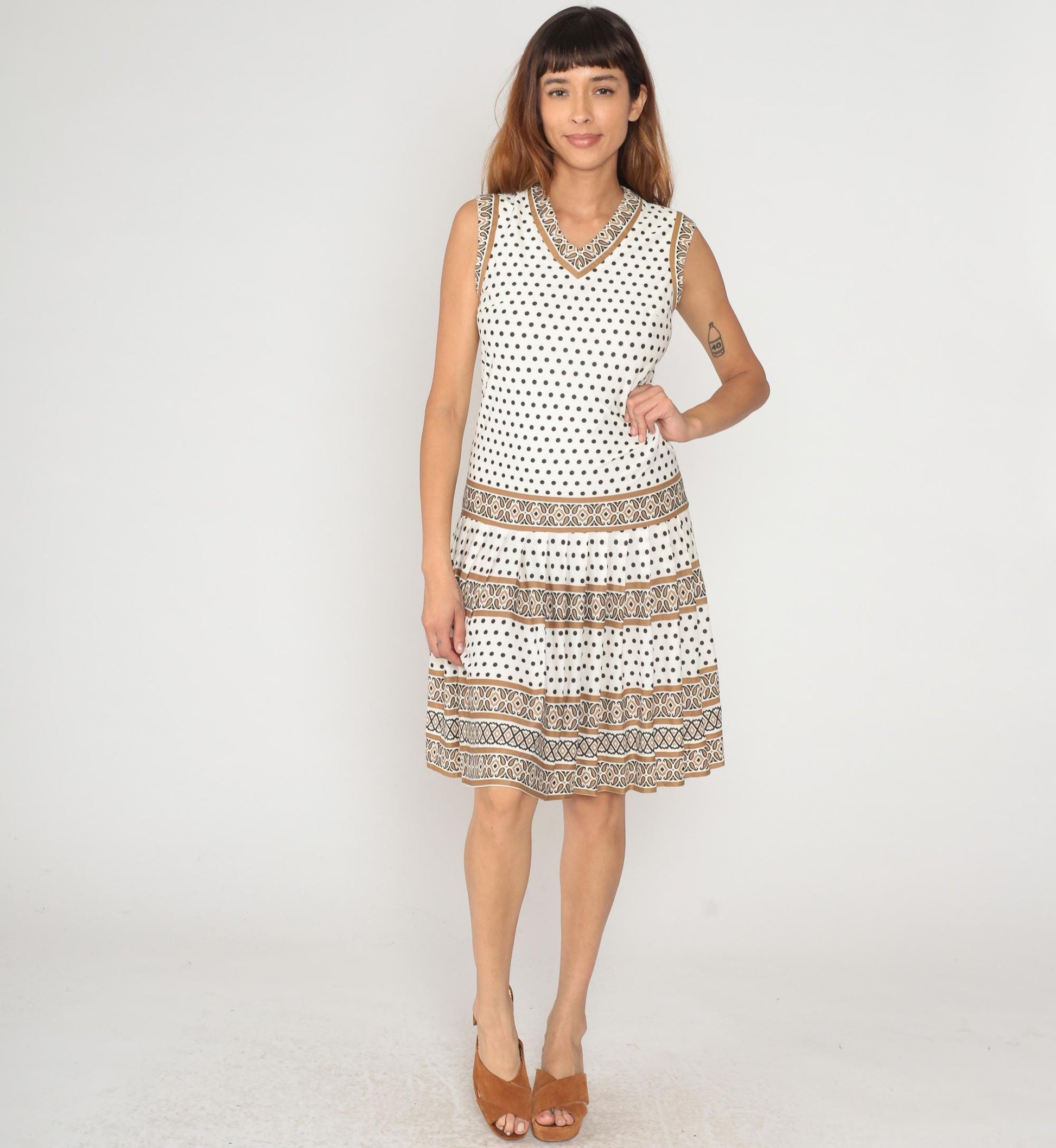 60s Sacony Ciella Drop Waist Shift Dress Cream Brown Polka Dot Small