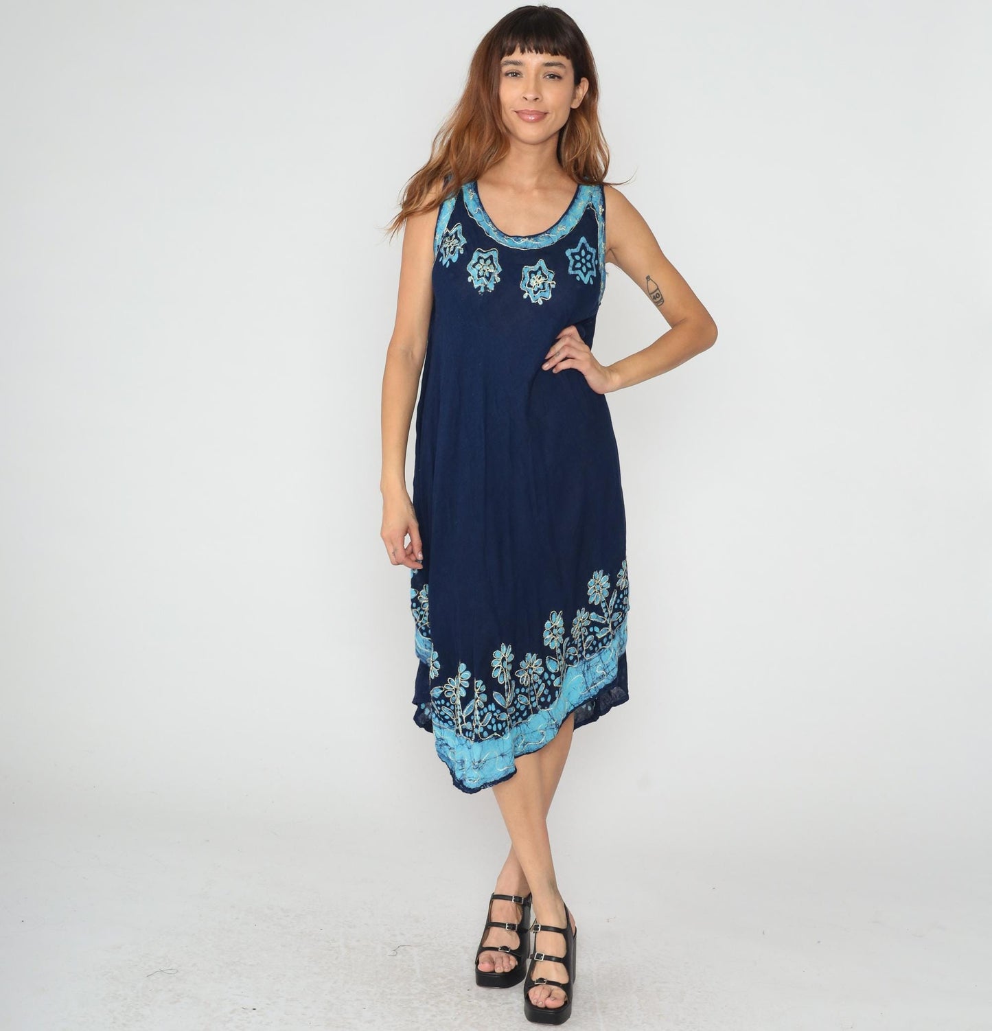 Y2K Navy Blue Floral Embroidered Tank Dress Asymmetrical Hem One Size