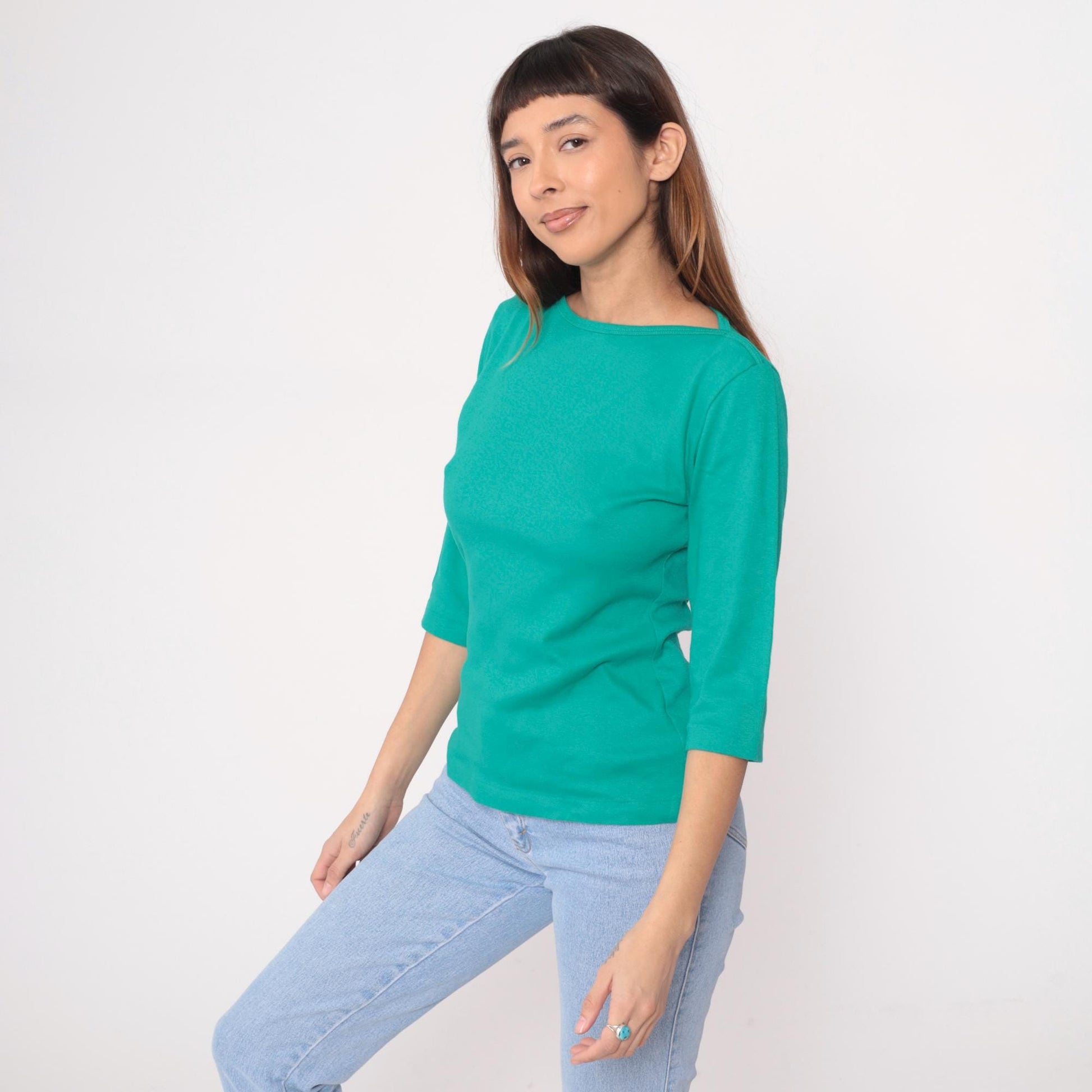 90s LL Bean Teal Boat Neck Cotton Top Three-Quarter Sleeve Medium M