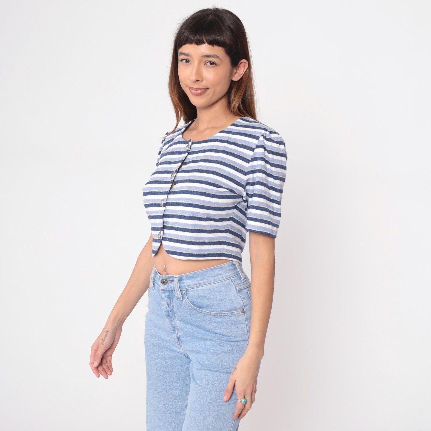 80s Striped Crop Top Puff Sleeve Button Front Navy Blue White Medium