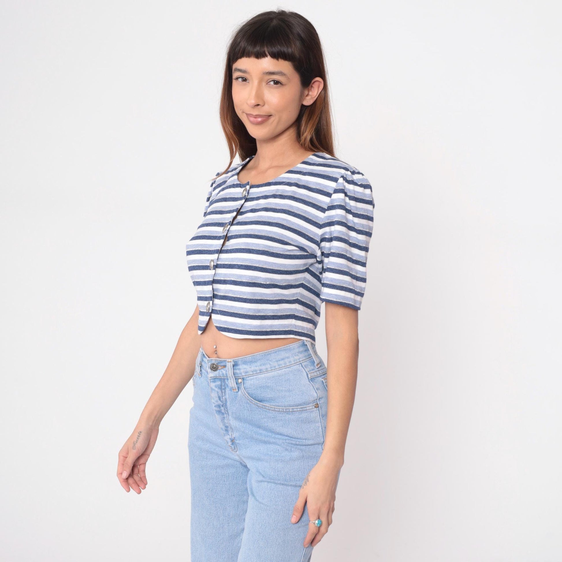80s Striped Crop Top Puff Sleeve Button Front Navy Blue White Medium