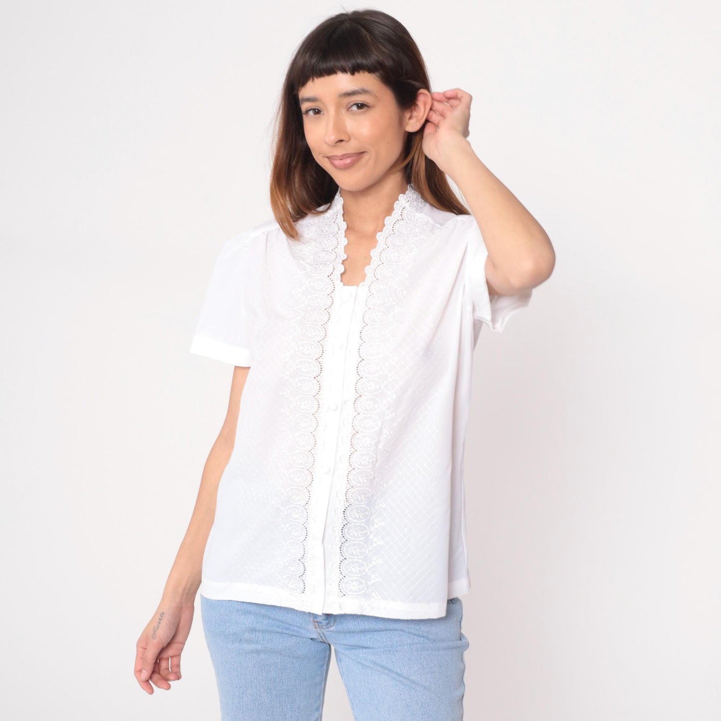 80s White Lace Blouse Scalloped Eyelet Puff Sleeve Textured Diamond Large