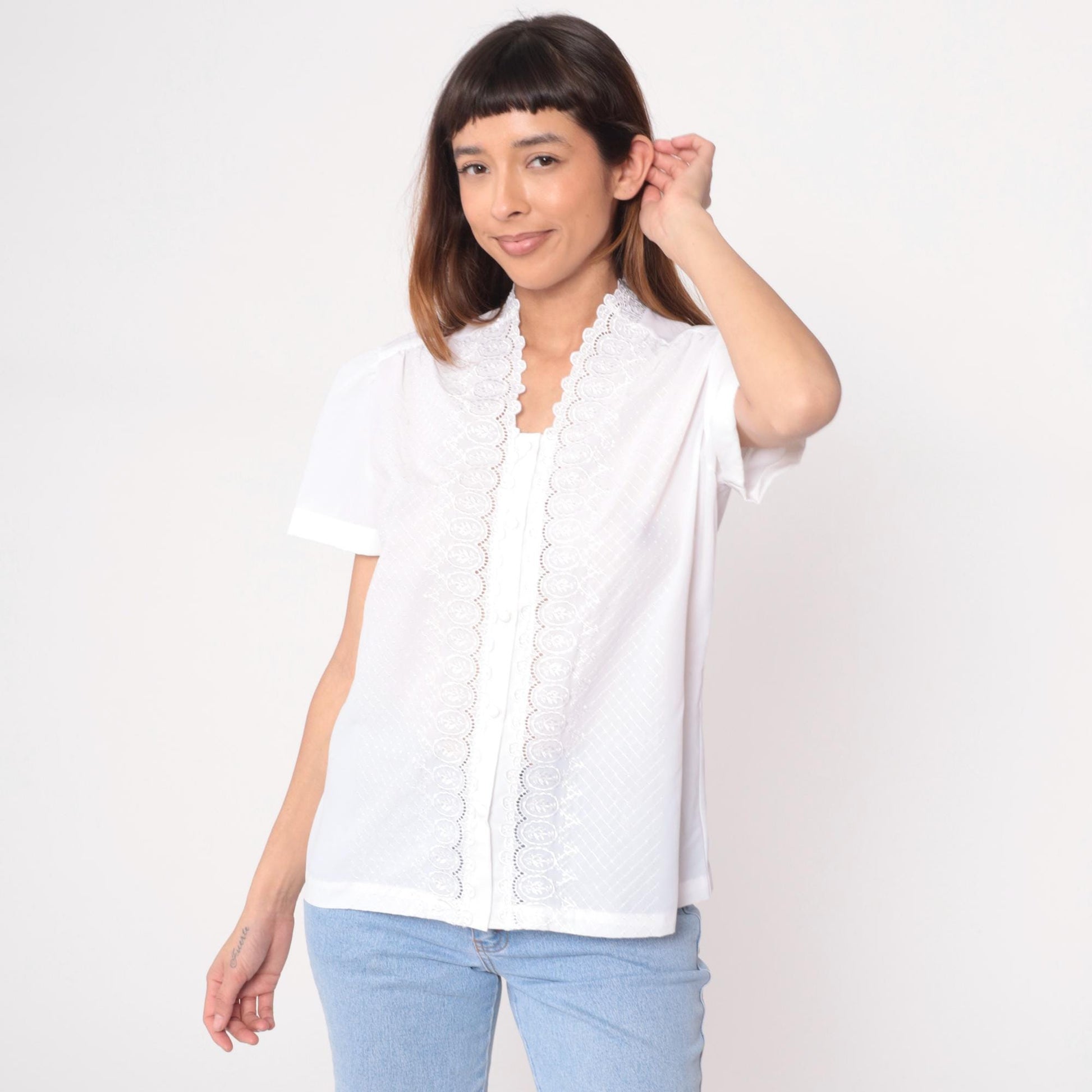 80s White Lace Blouse Scalloped Eyelet Puff Sleeve Textured Diamond Large