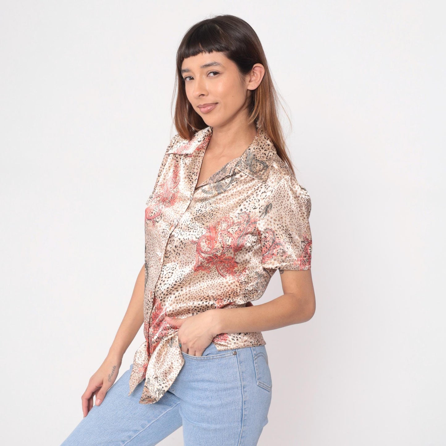 80s Leopard Paisley Satin Blouse Coral Pink Brown Animal Print Collared Medium M