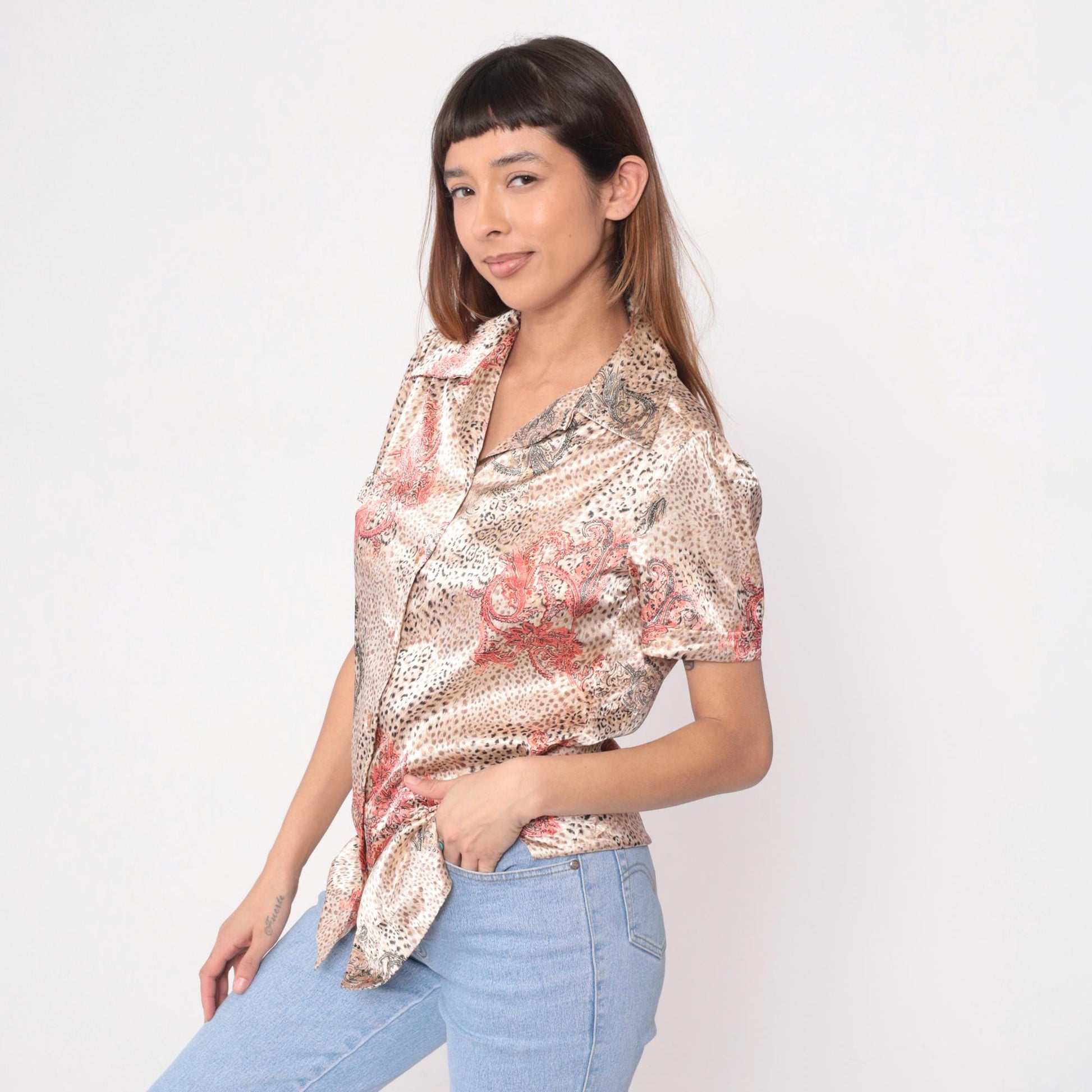 80s Leopard Paisley Satin Blouse Coral Pink Brown Animal Print Collared Medium M