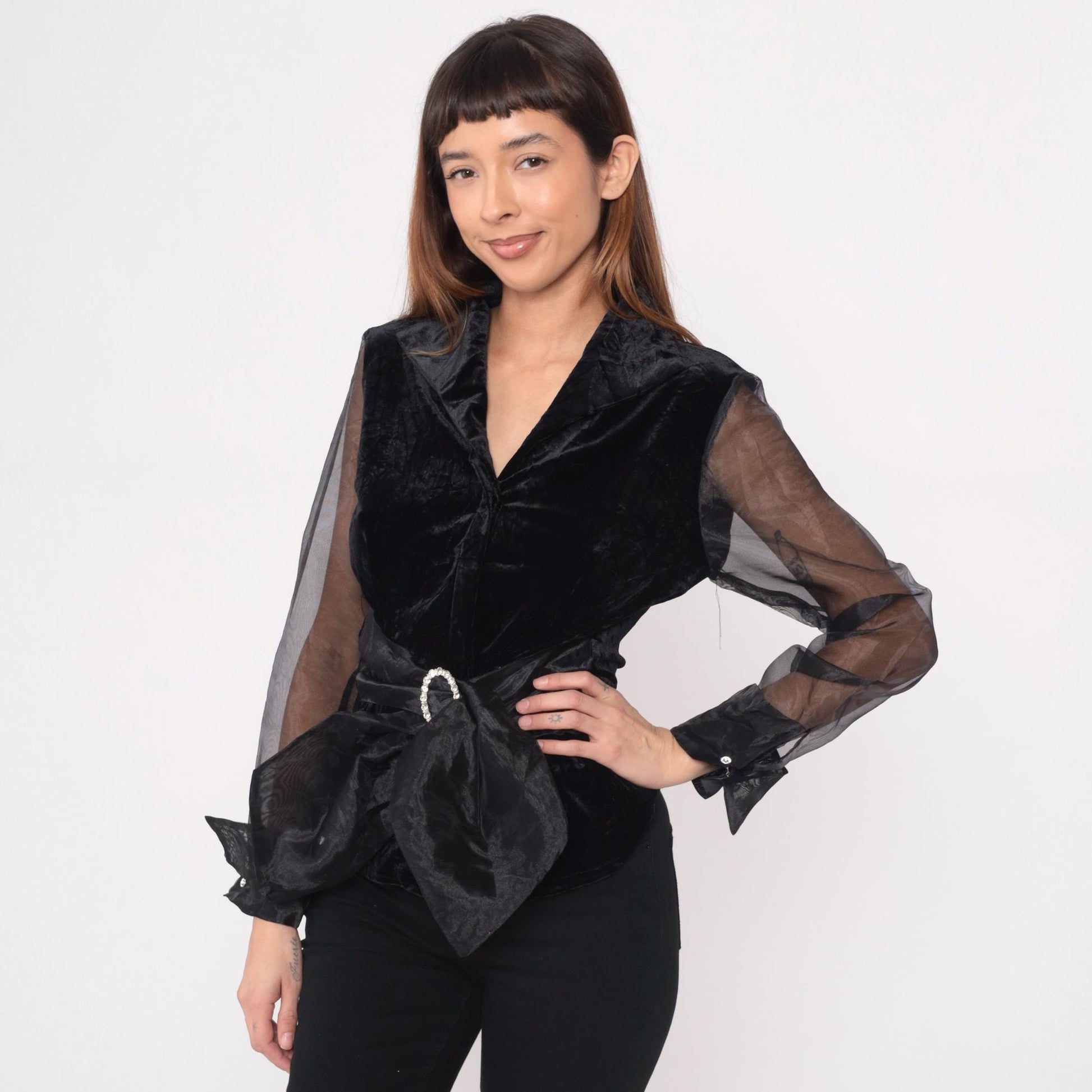 90s Black Crushed Velvet Blouse Sheer Organza Sleeves Tie Waist Medium