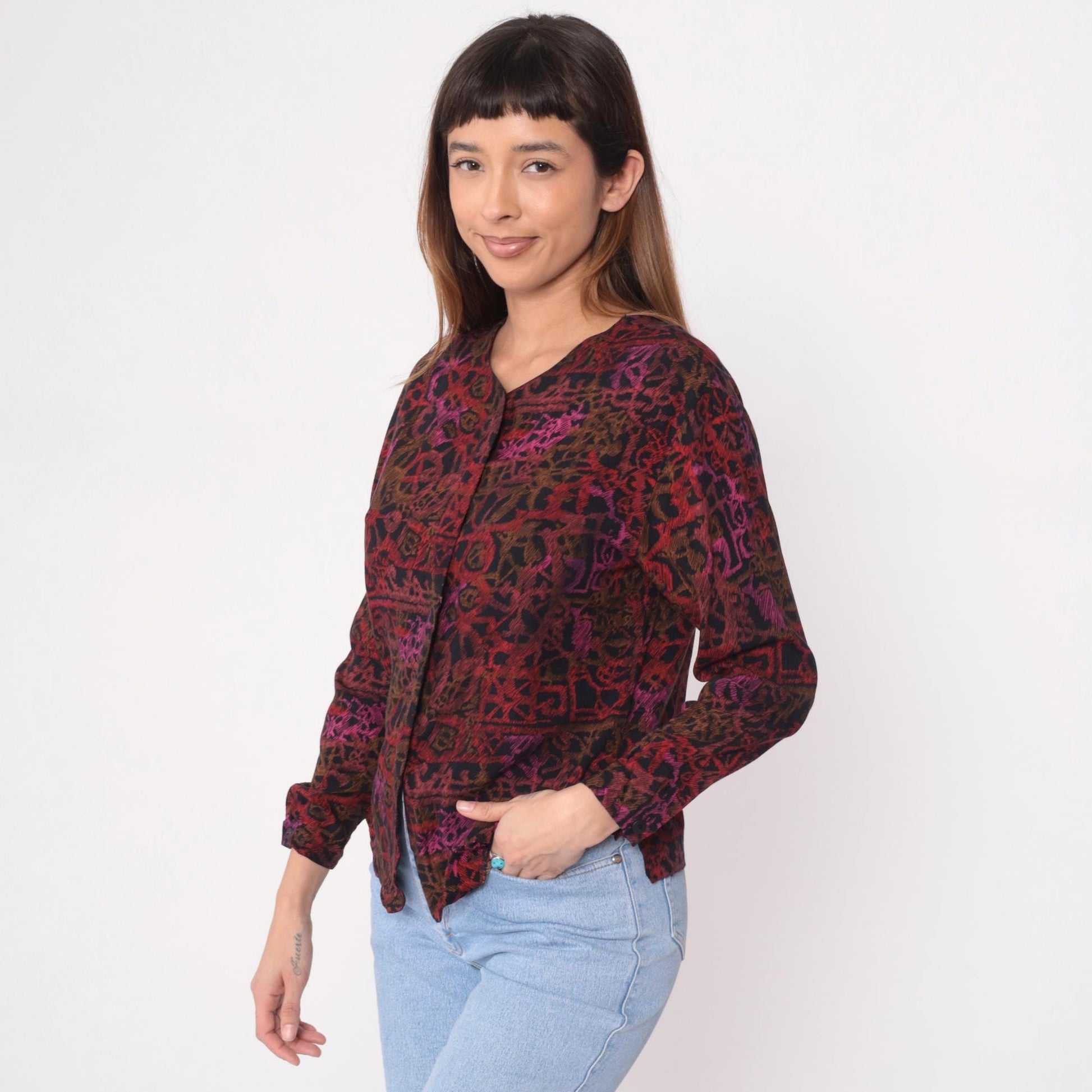 90s Melrose Sport Abstract Geometric Blouse V-Neck Burgundy Small S