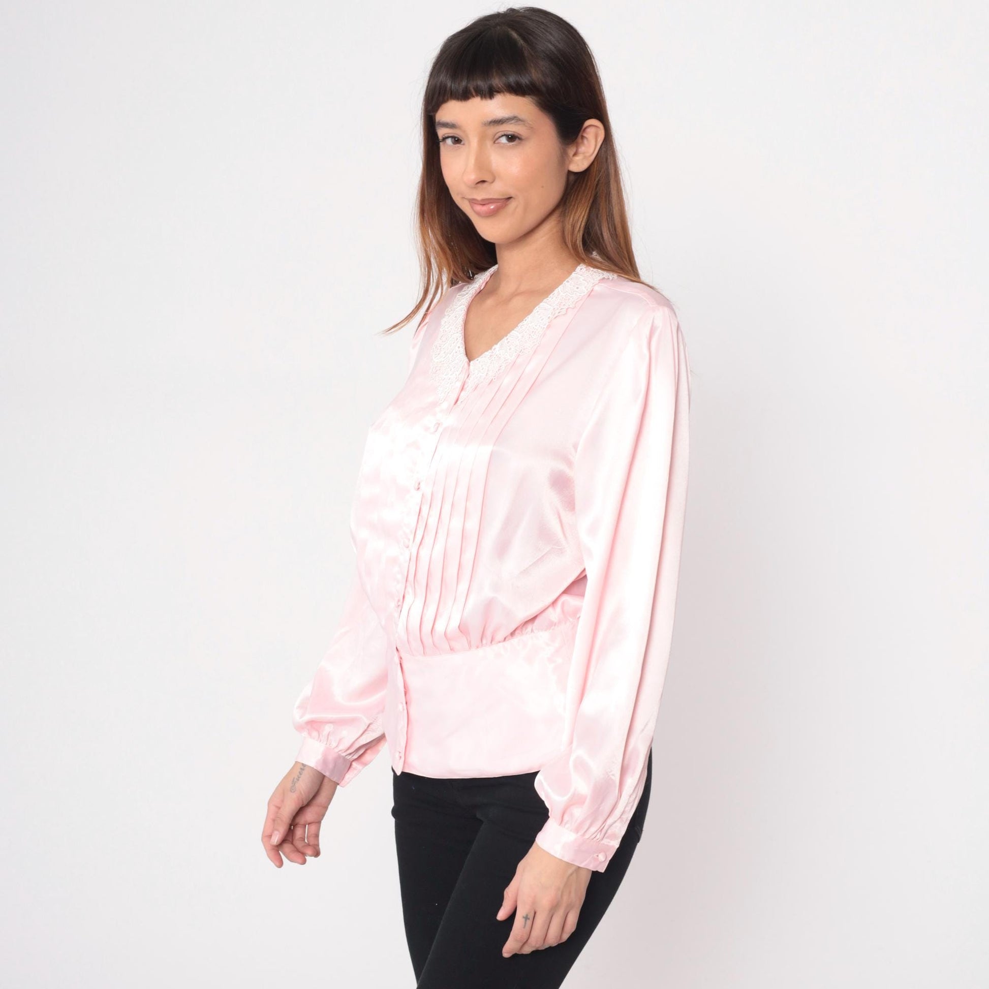 80s Pink Blouse White Lace Collar Pintuck Pleated Button-Up Large L