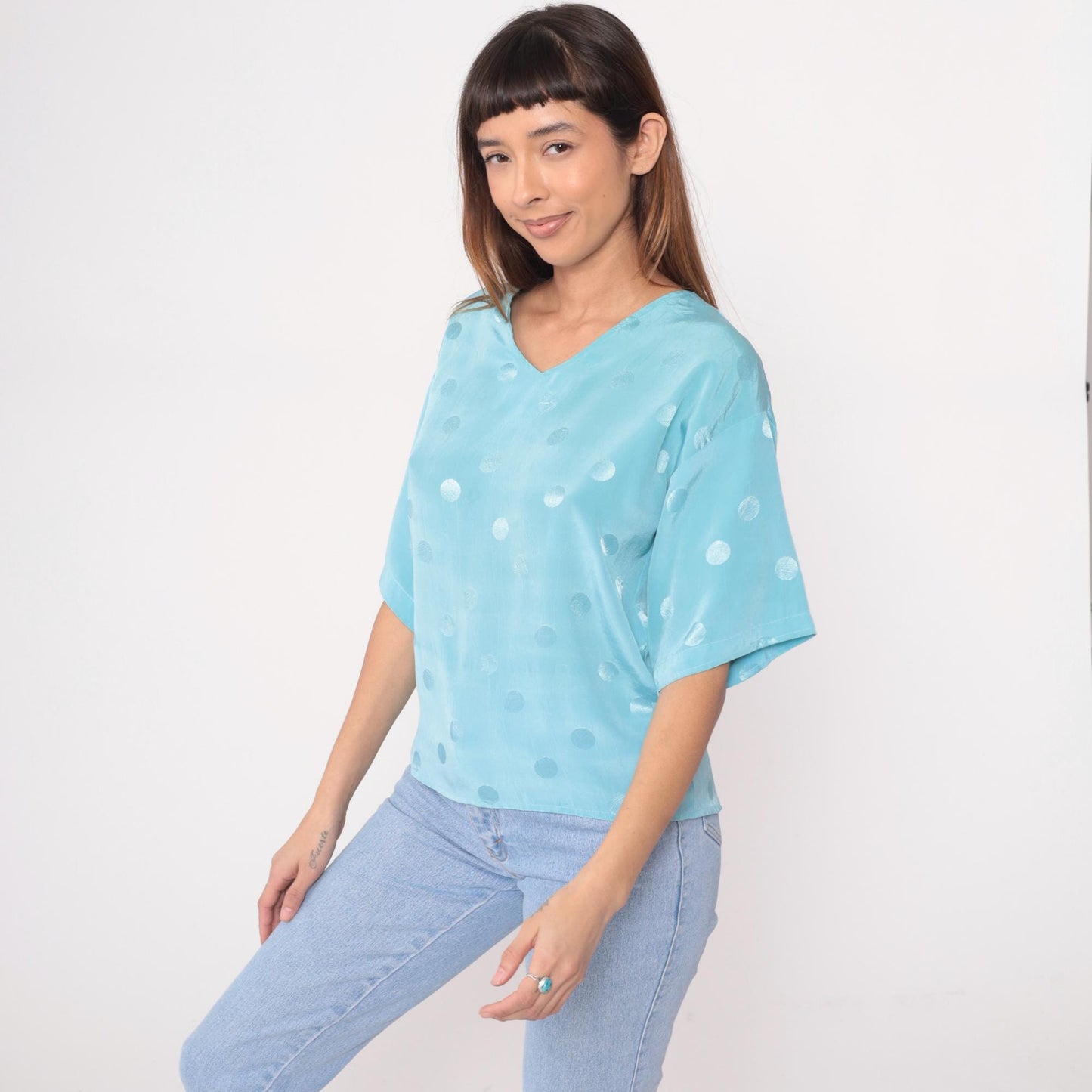 90s Powder Blue Polka Dot V-Neck Blouse Short Sleeve Medium M
