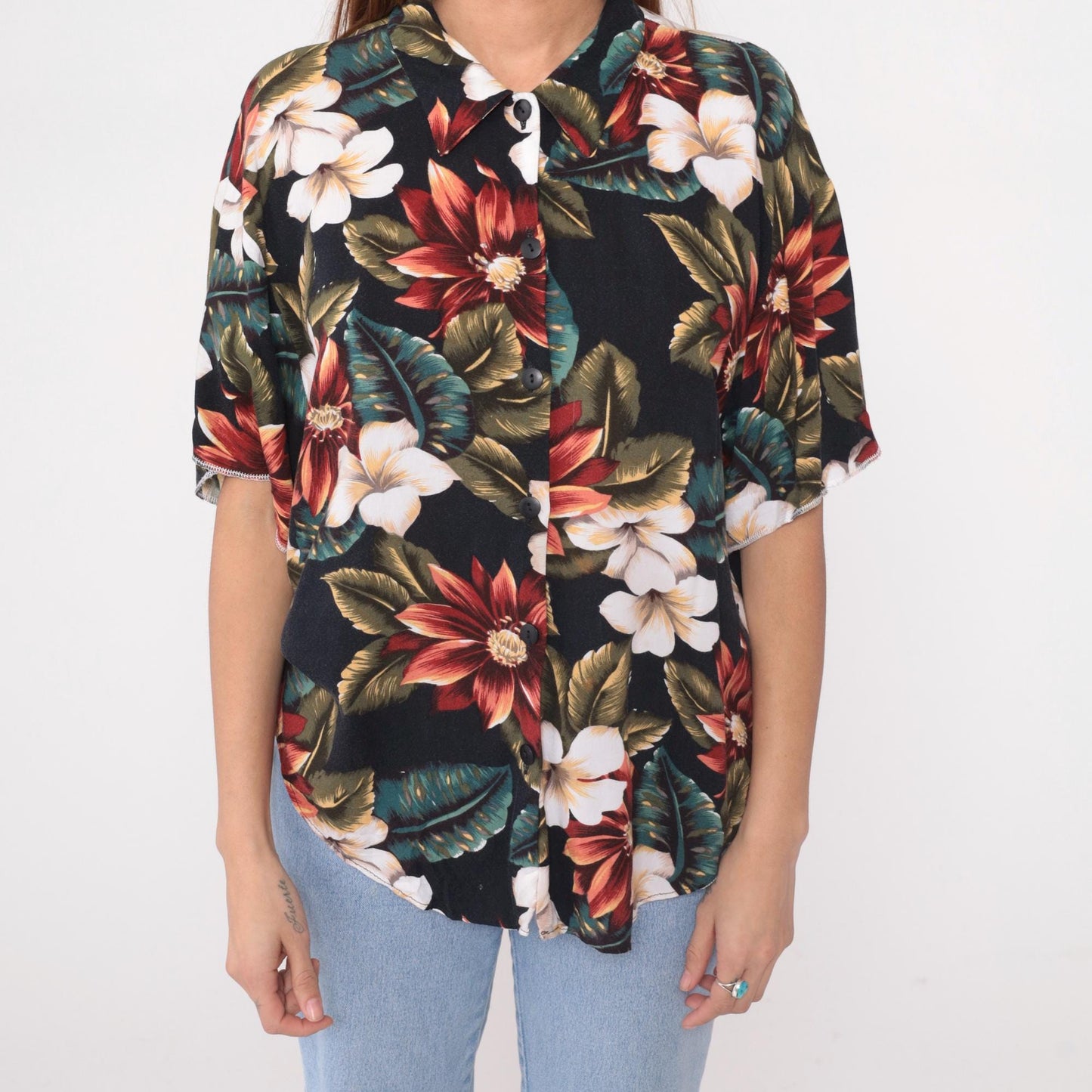 90s Black Hawaiian Shirt Tropical Floral Plumeria Rayon Blouse Medium M