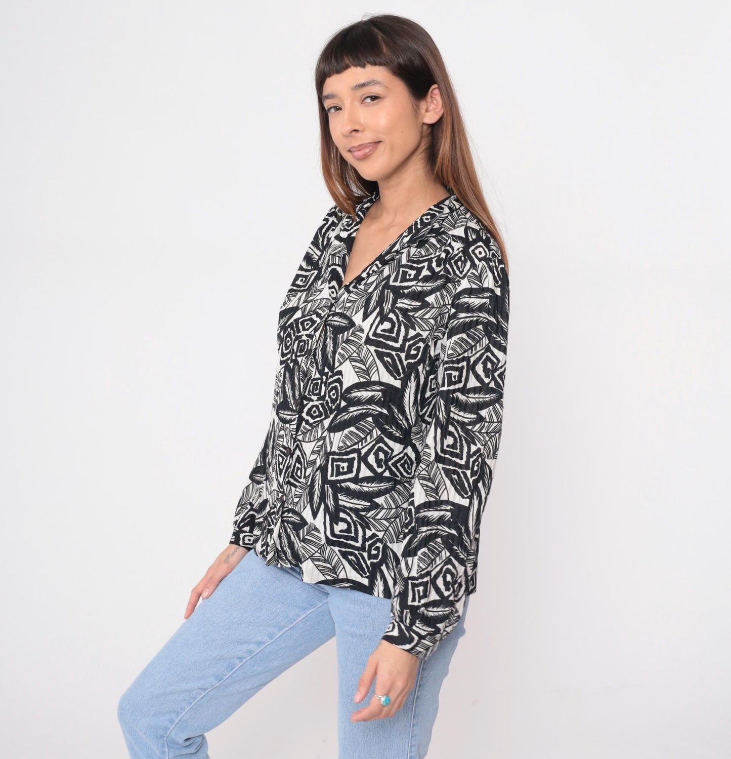 90s Black White Abstract Geometric Blouse Long Sleeve Button Front Large L