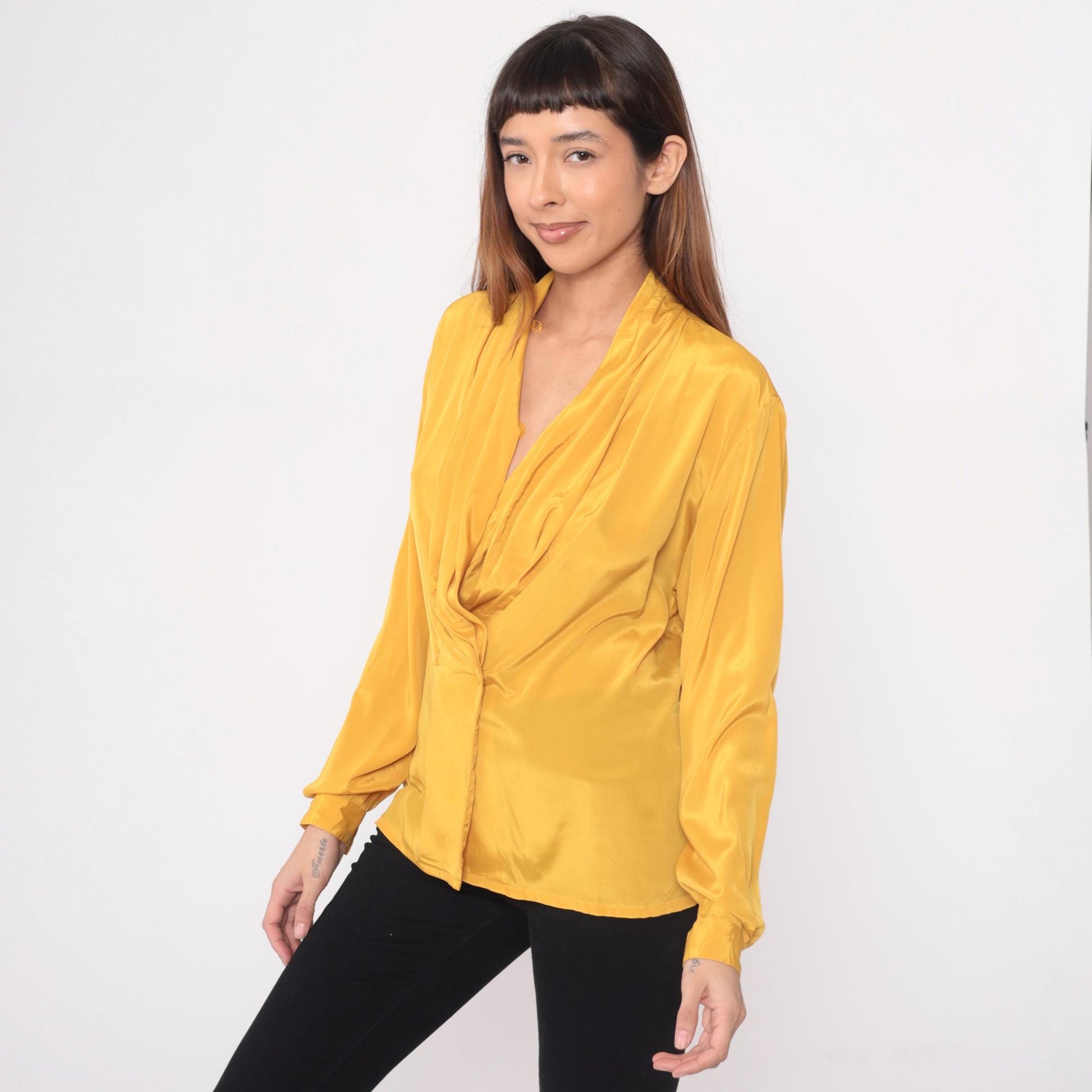 90s Impressions Golden Yellow Wrap Blouse Surplice Neckline Long Sleeve Large L