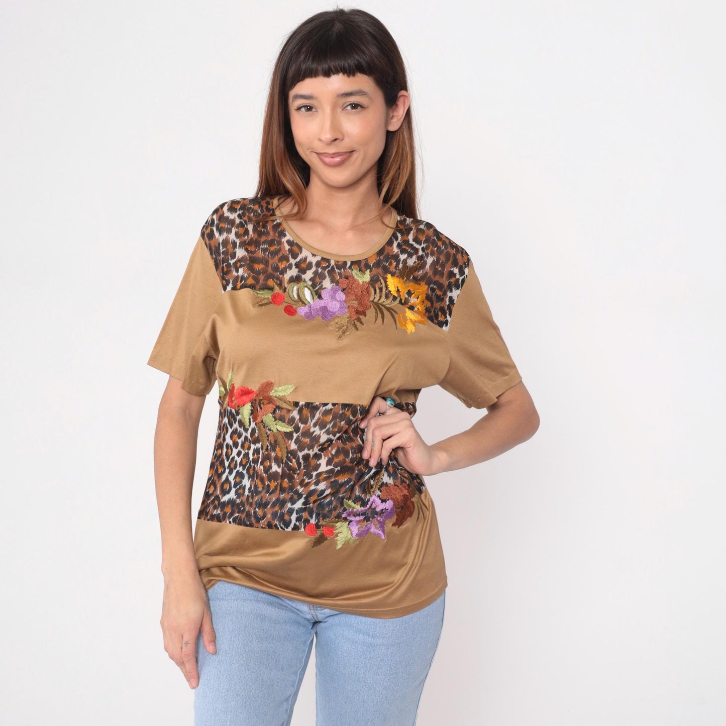 90s Morrissa Leopard Floral Embroidered Color Block Top Tan Large L