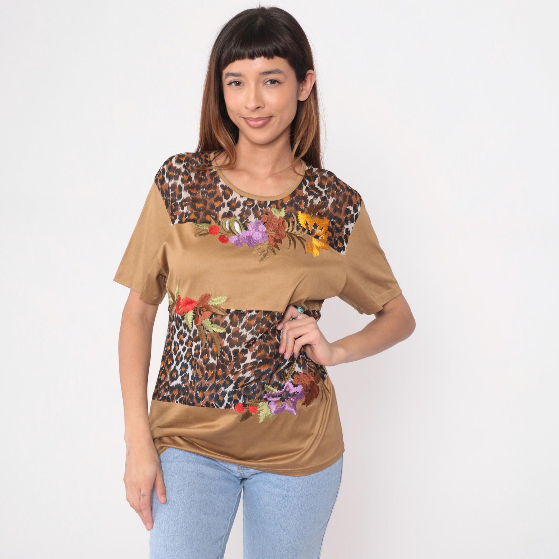 90s Morrissa Leopard Floral Embroidered Color Block Top Tan Large L
