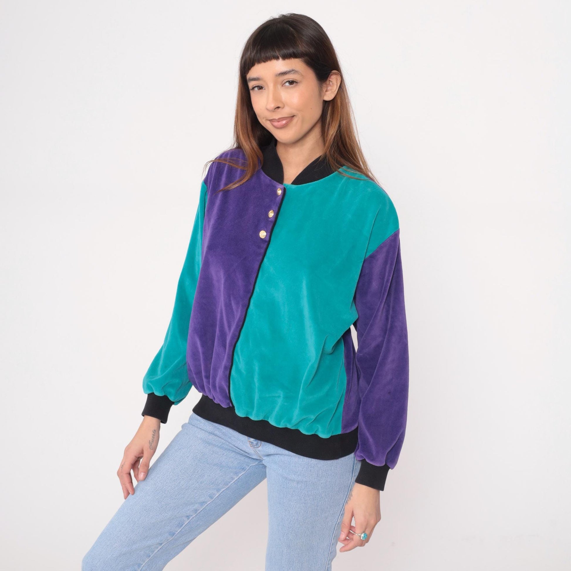 80s Terrycloth Colorblock Bomber Jacket Purple Teal Gold Buttons Medium
