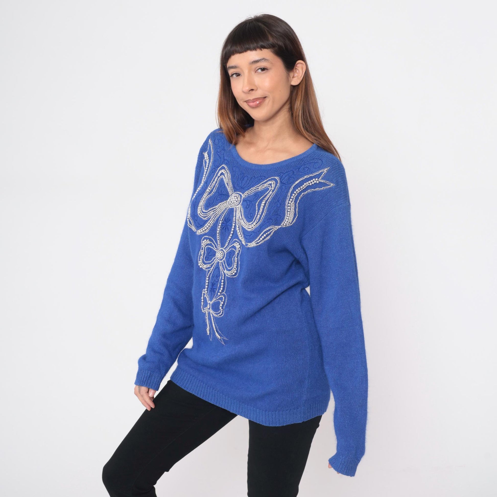80s Ib Diffusion Periwinkle Blue Sweater Beaded Bow Knit Small