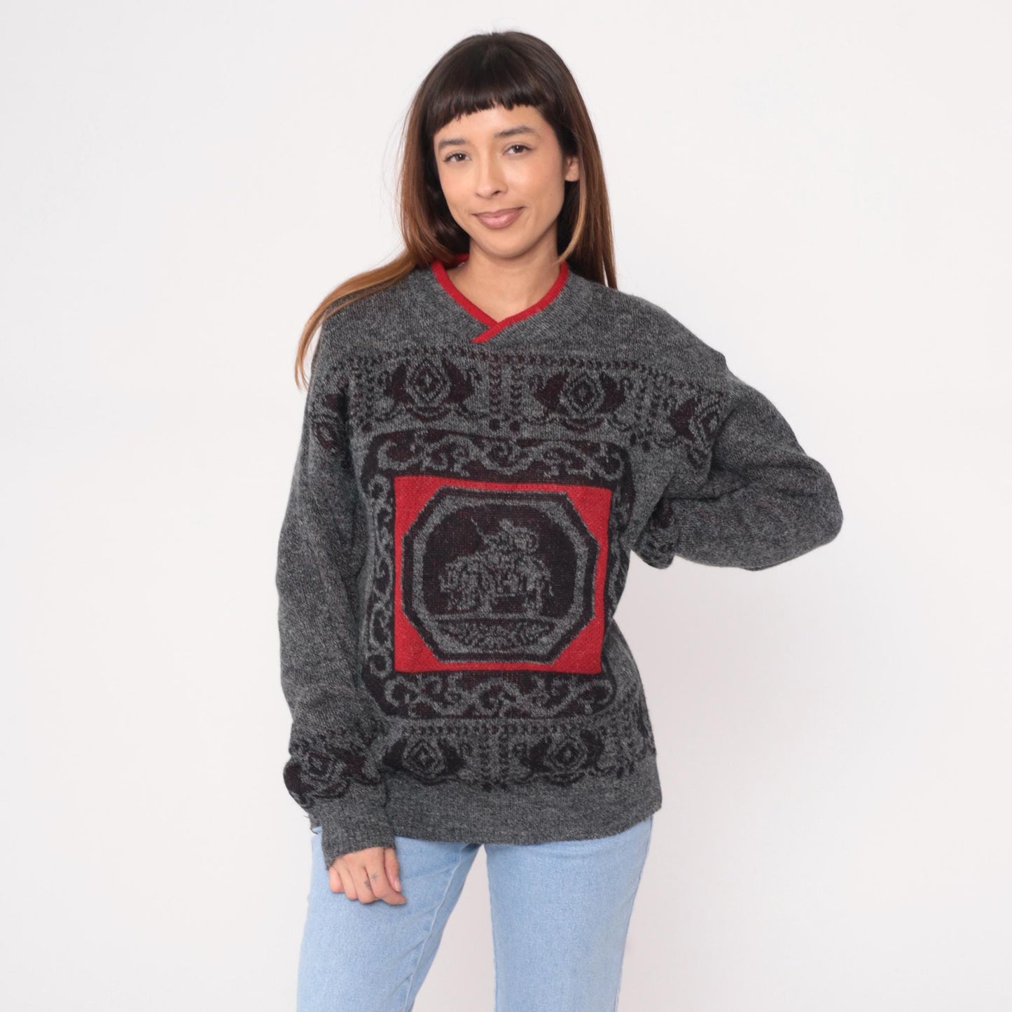 90s Tribal Pattern V-Neck Sweater Grey Red Wool Knit Small S