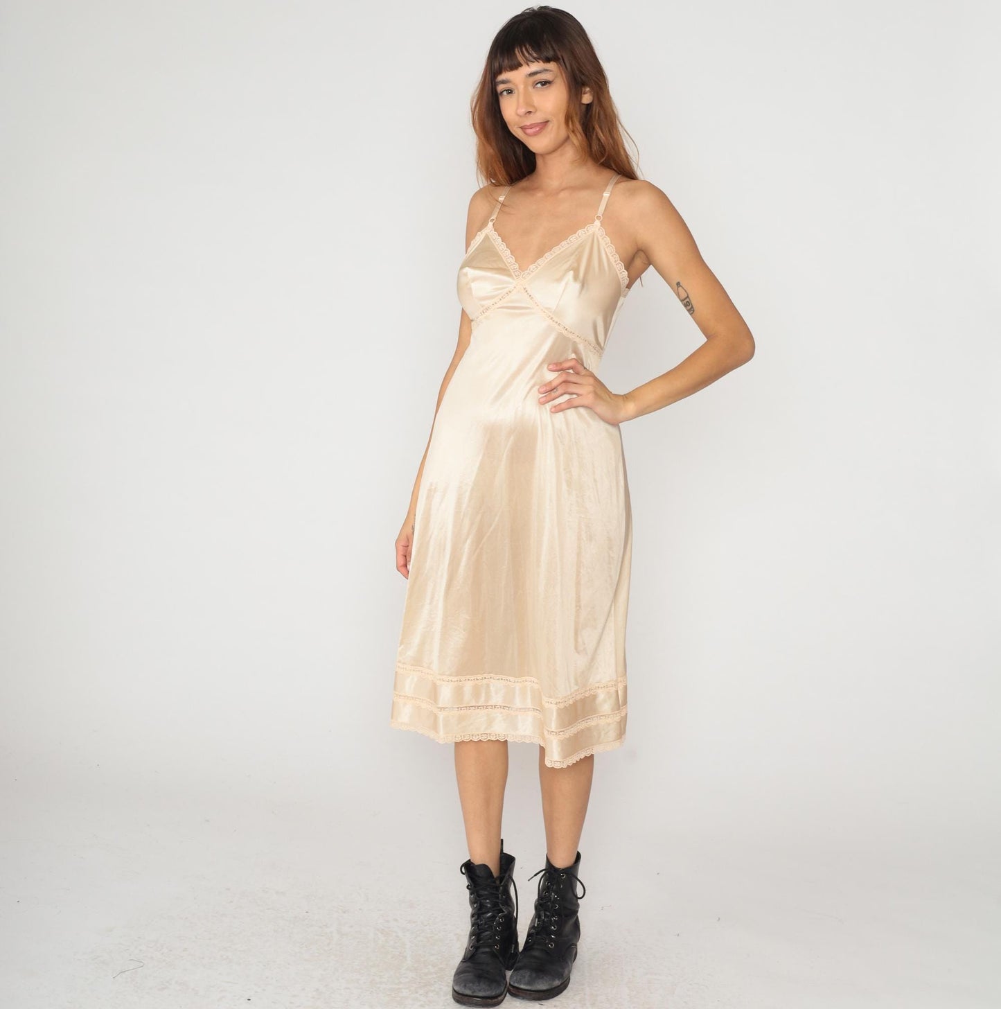 70s Cream Satin Slip Dress Sears Lace Trim Spaghetti Strap Small