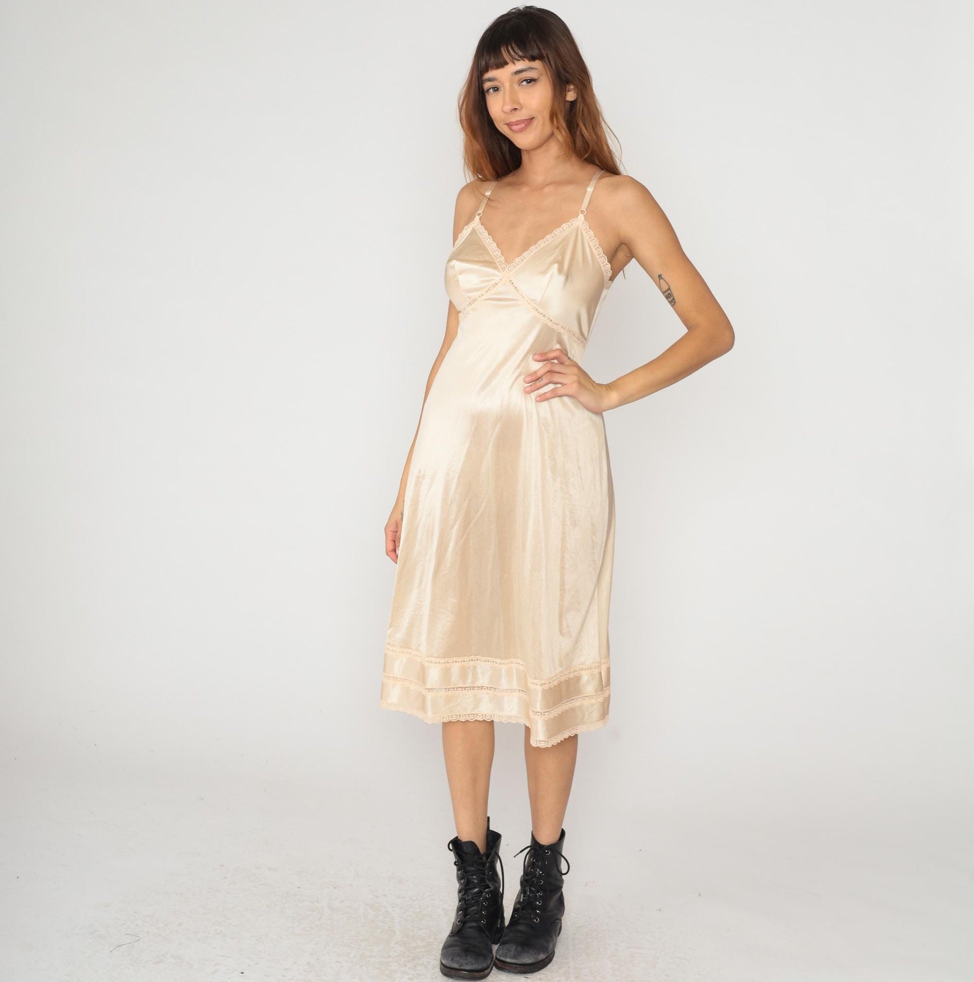 70s Cream Satin Slip Dress Sears Lace Trim Spaghetti Strap Small