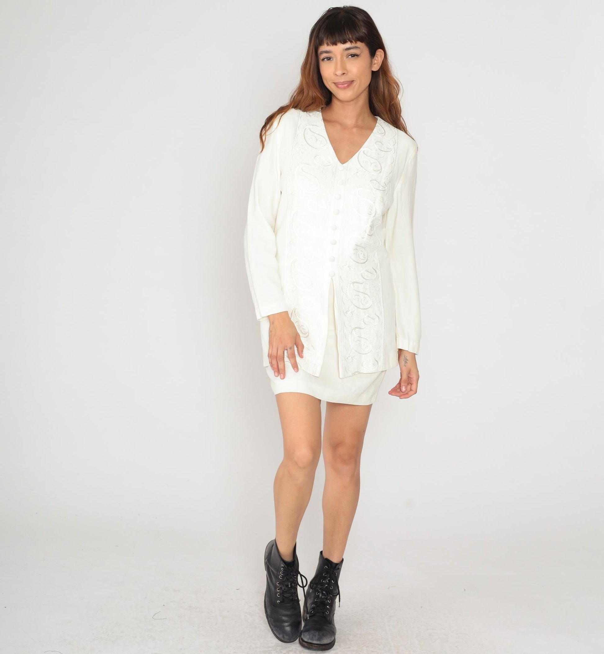 90s Dani Max Embroidered White Tunic Dress V-Neck Button Front Medium