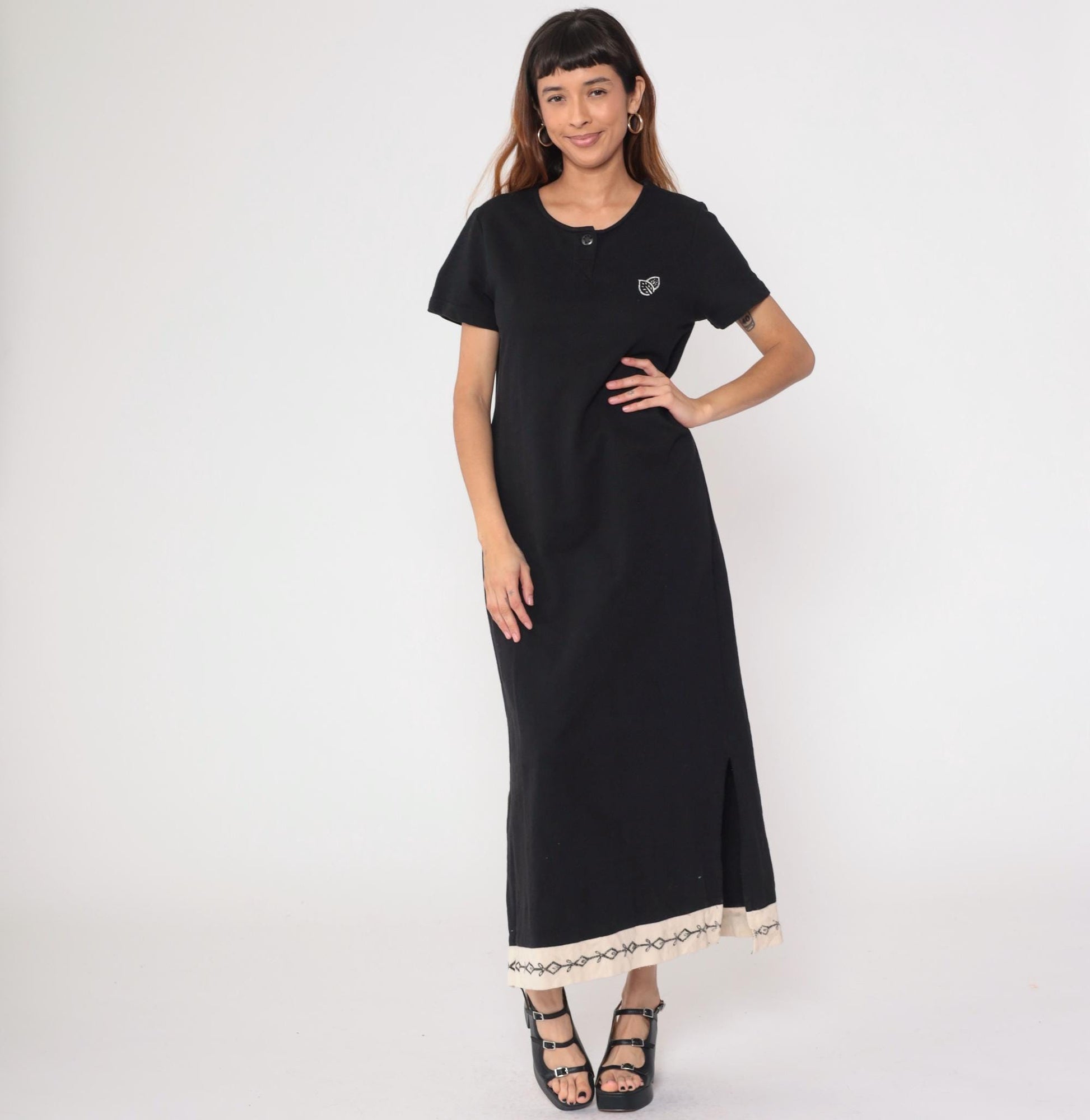 90s Black Cotton Maxi Dress Short Sleeve Embroidered Contrast Hem Medium M