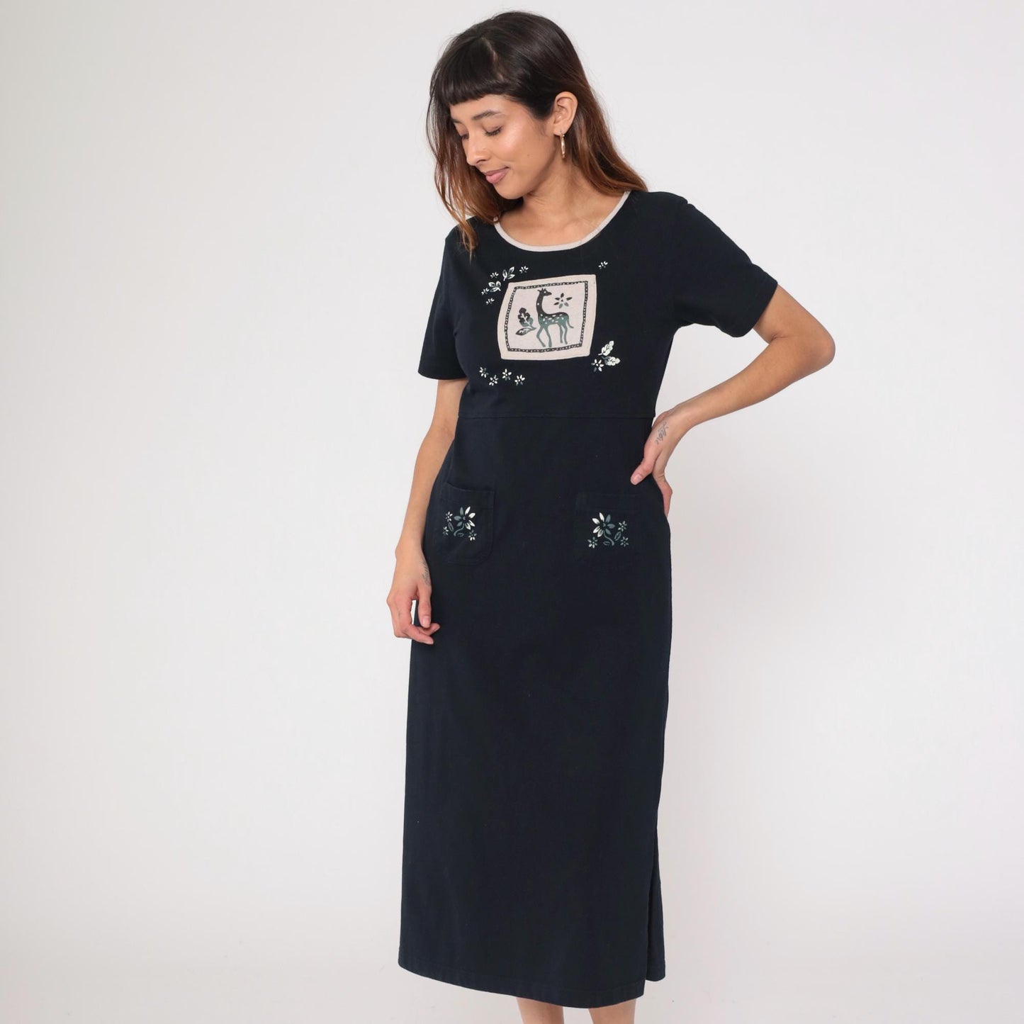 90s Black Cotton Giraffe Appliqué Midi Dress Embroidered Floral Medium M