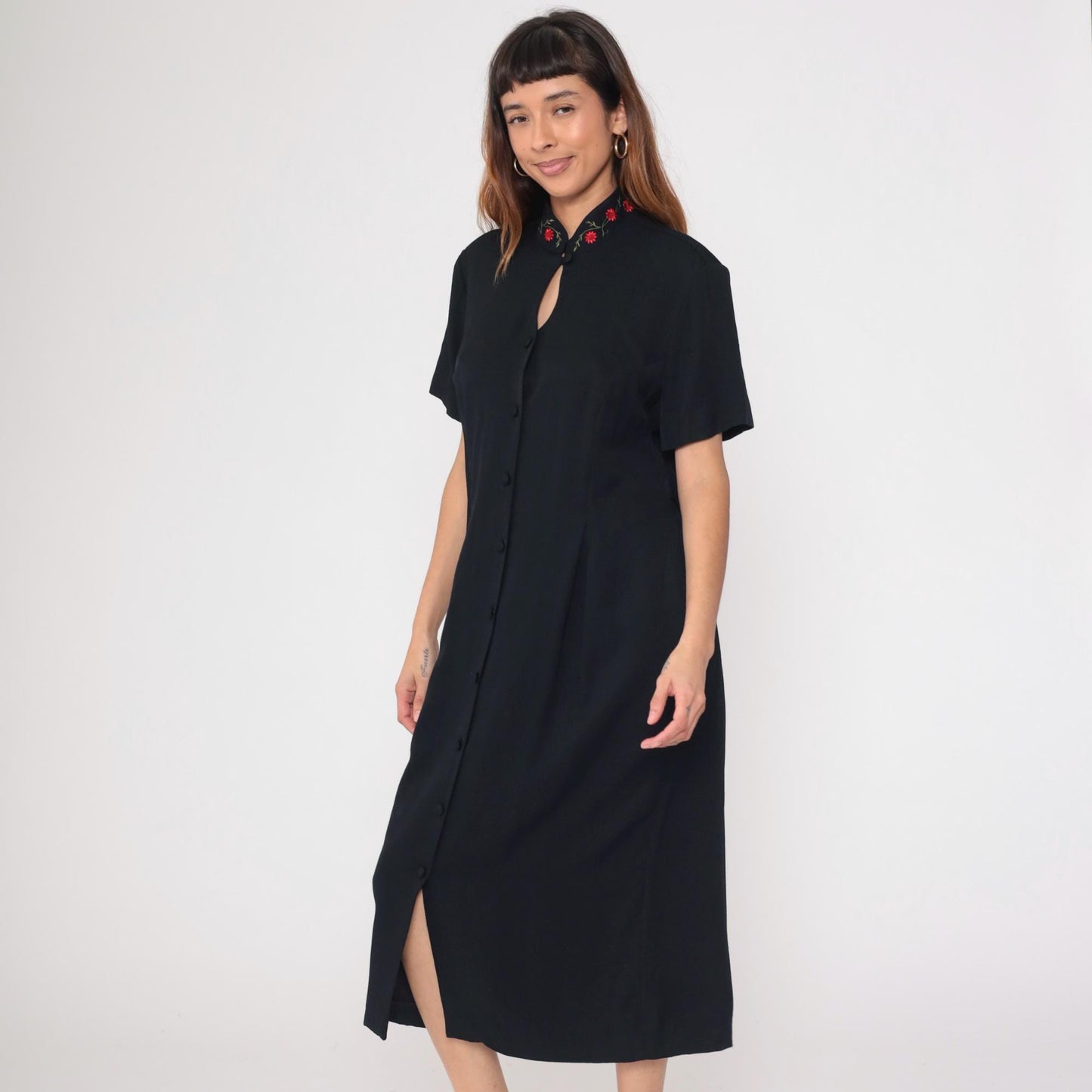 90s SL Fashions Black Midi Dress Mandarin Collar Embroidered Floral Keyhole Large L