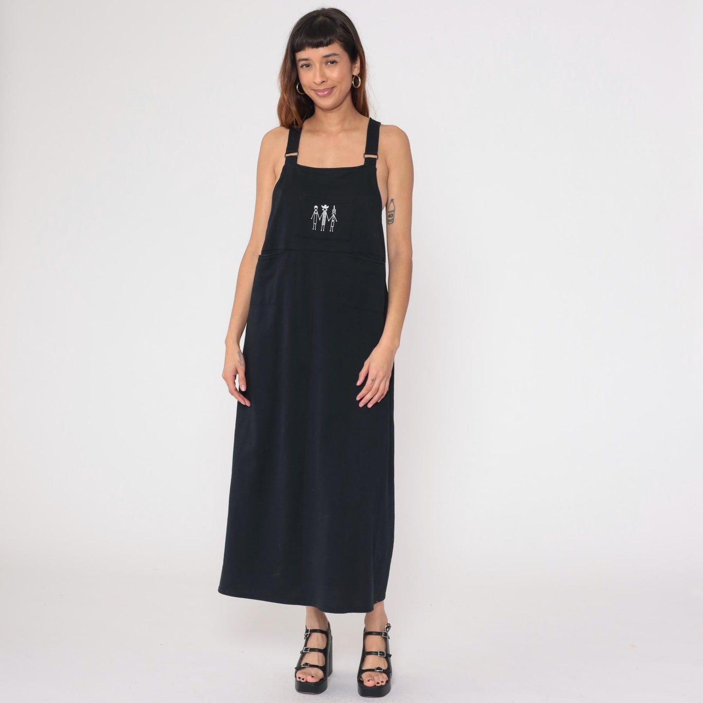 90s California Concepts Black Maxi Dress Stick Figure Embroidery Square Neck Medium Large