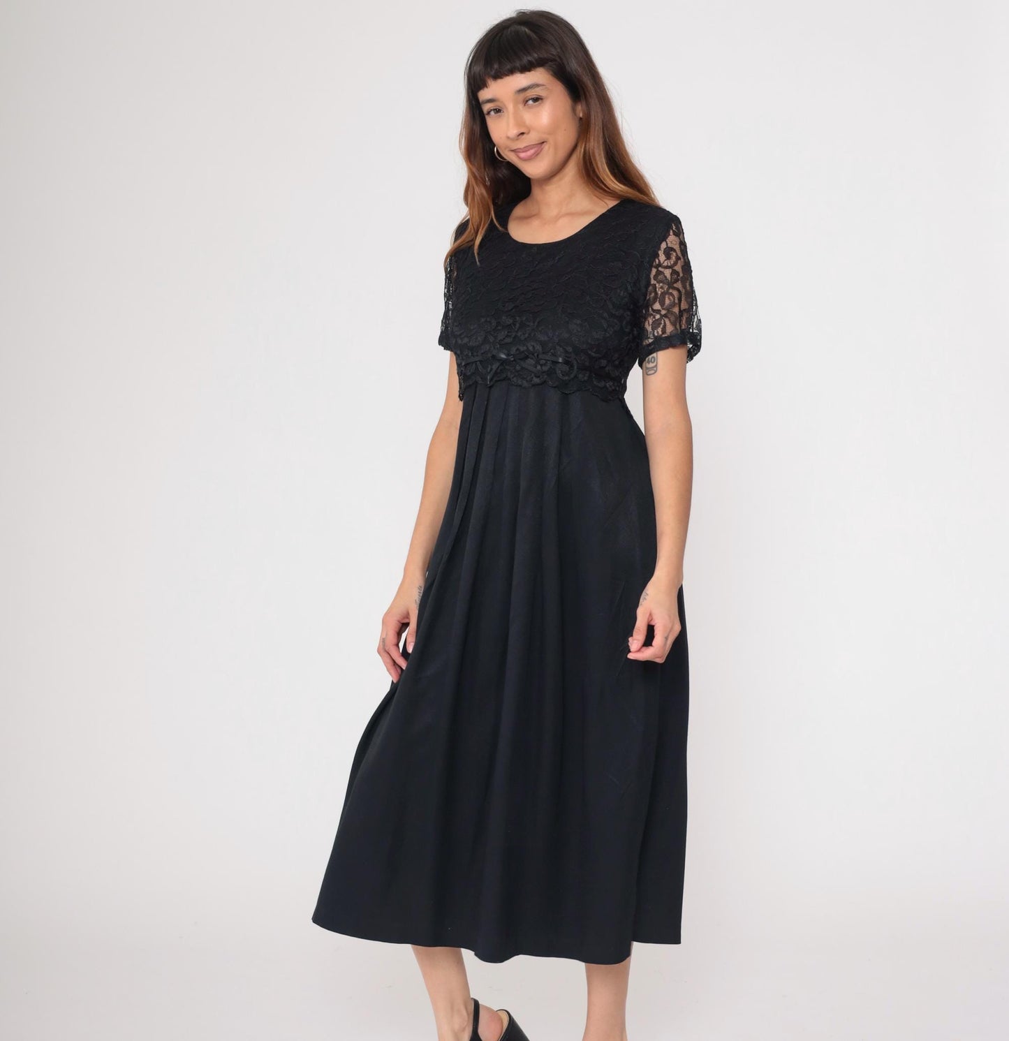 90s Black Lace Empire Waist Midi Dress Bow Detail Medium M