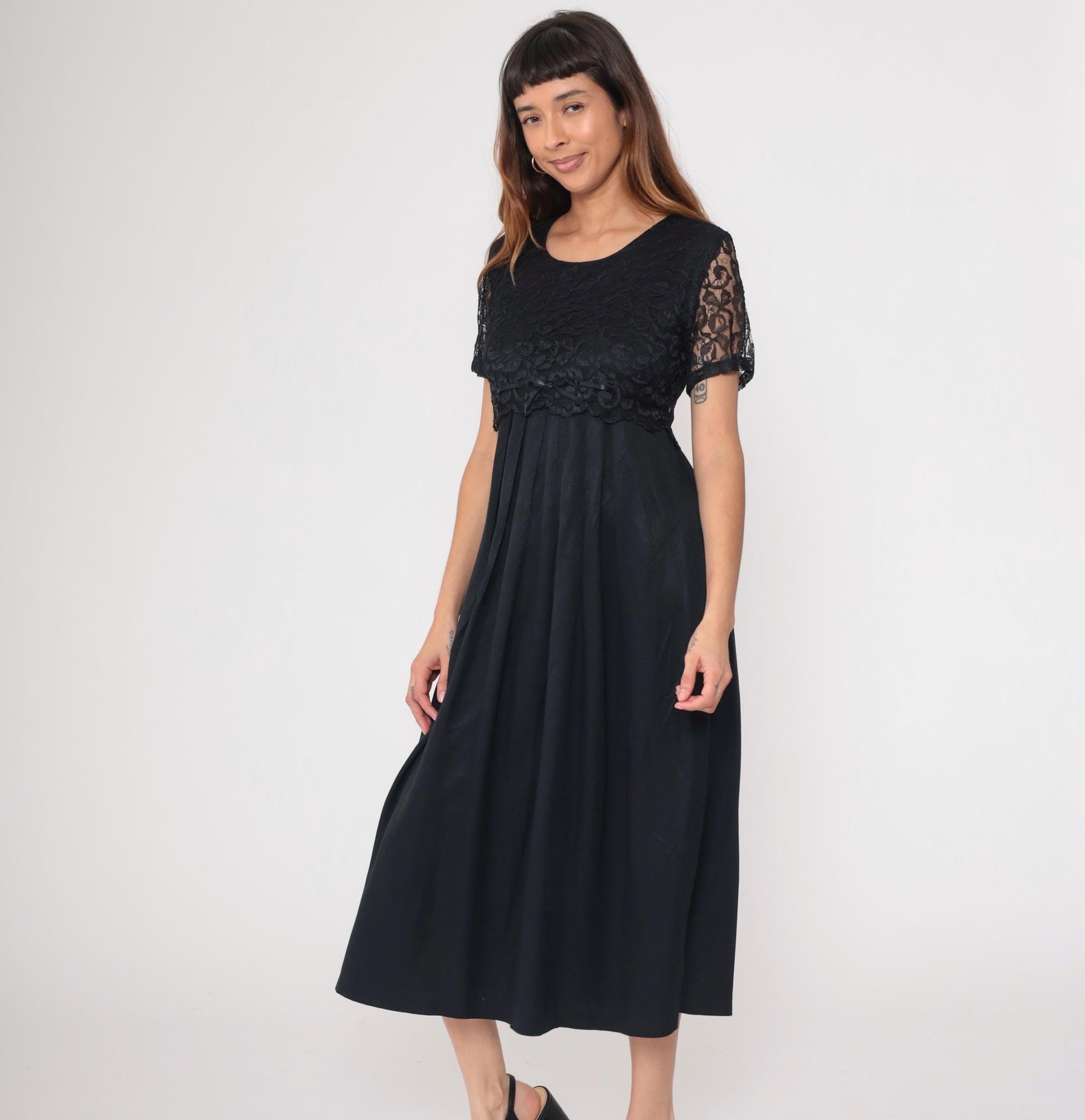90s Black Lace Empire Waist Midi Dress Bow Detail Medium M