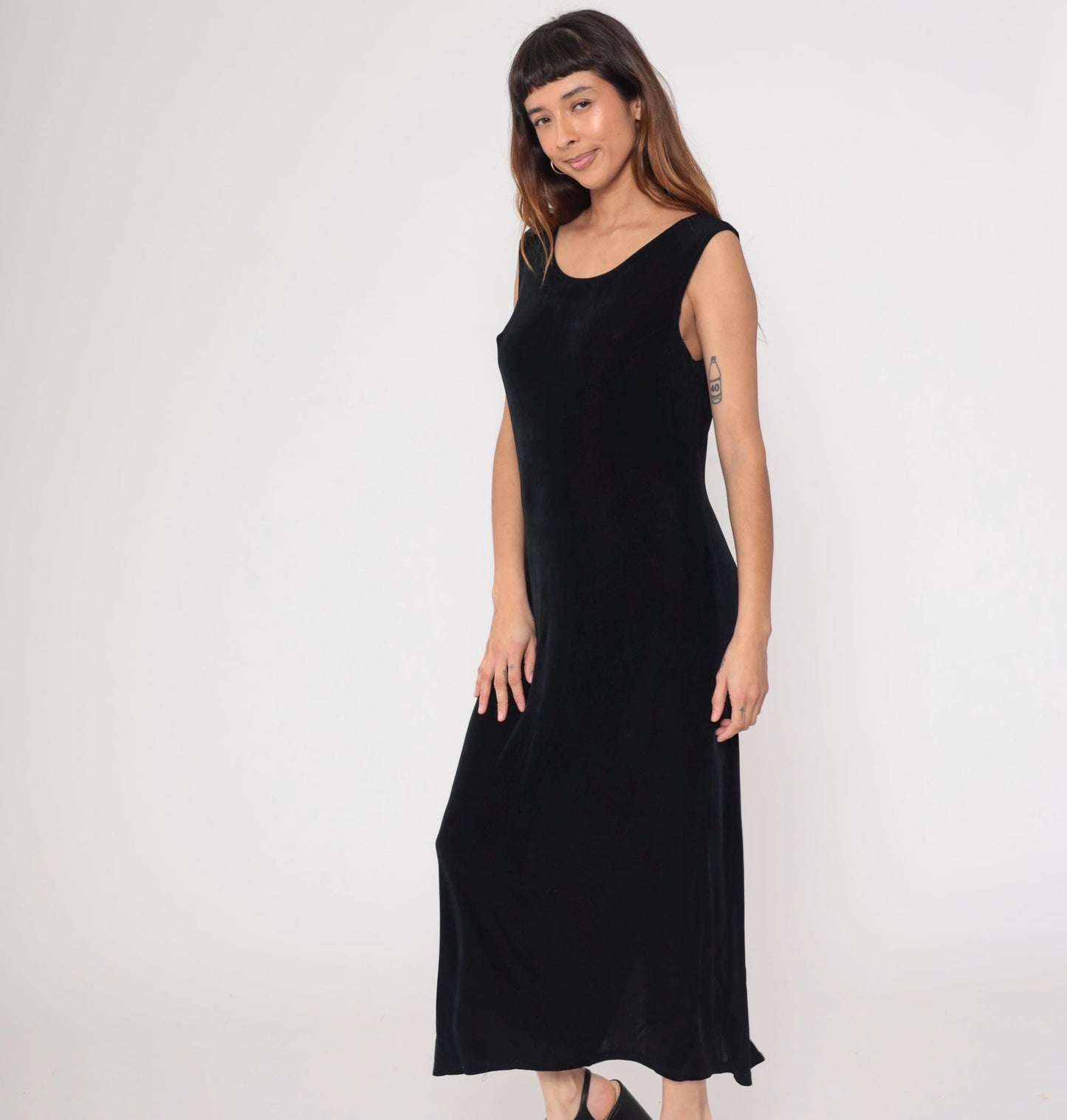 90s Black Sleeveless Column Maxi Dress Scoop Neck Side Slit Medium