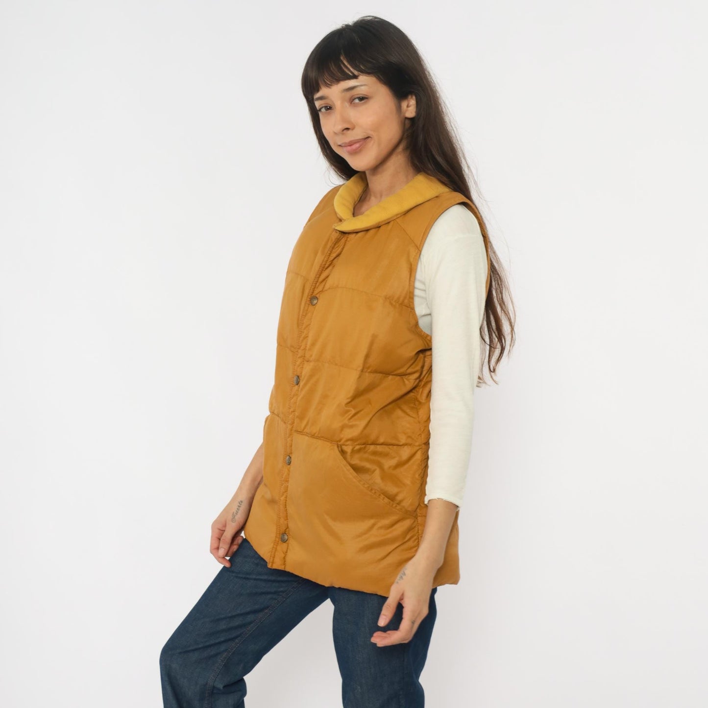 80s Eddie Bauer Down Vest Mustard Yellow Quilted Snap Front Large L