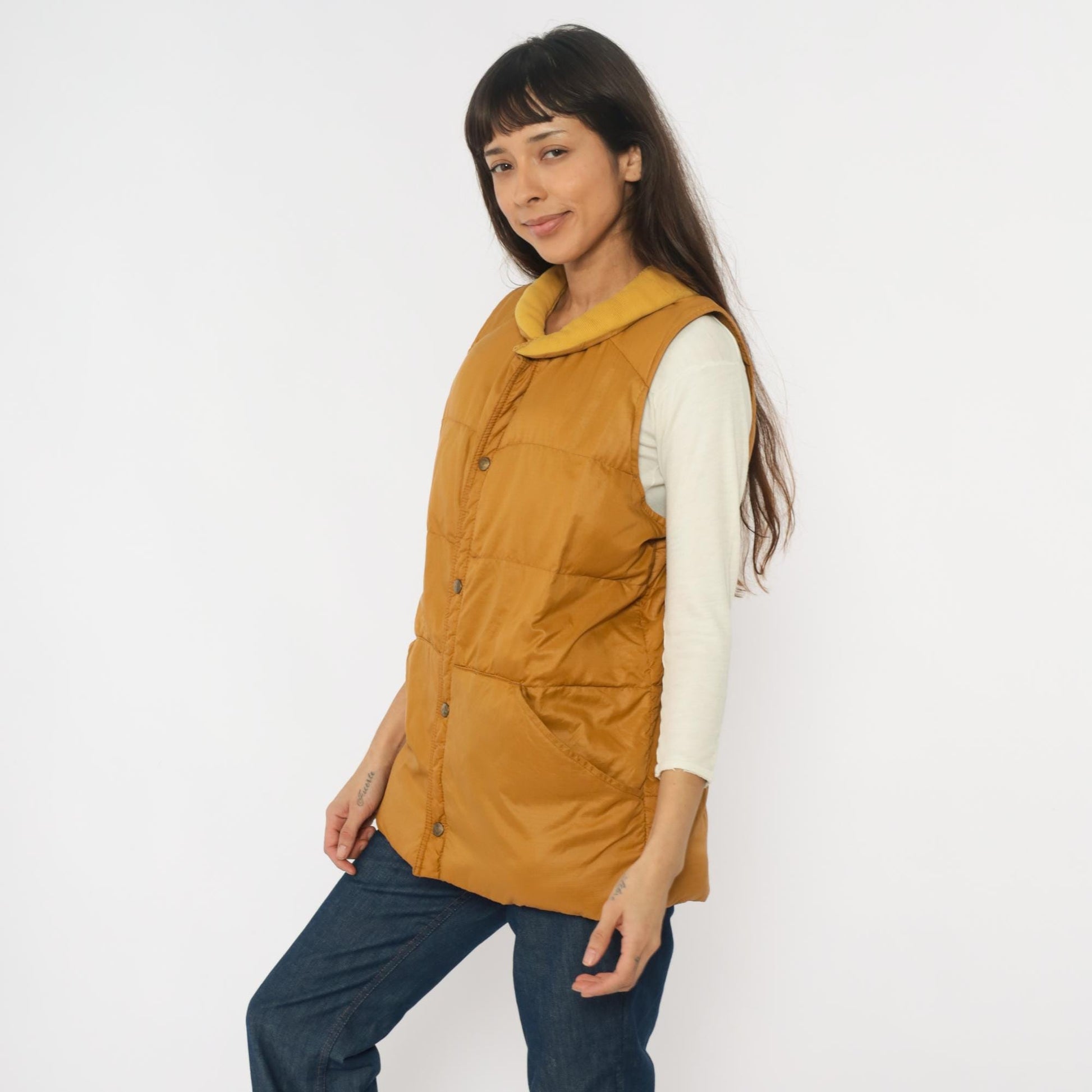 80s Eddie Bauer Down Vest Mustard Yellow Quilted Snap Front Large L
