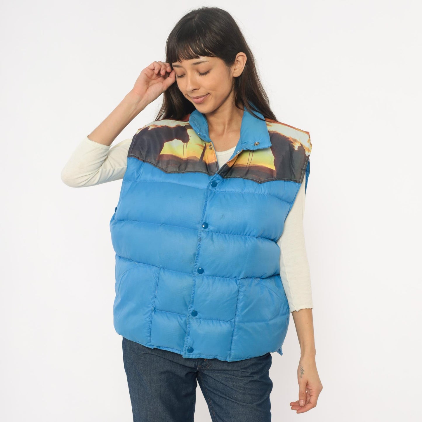 70s Western Sunset Puffer Vest Blue Down Quilted Snap Front Extra Large XL