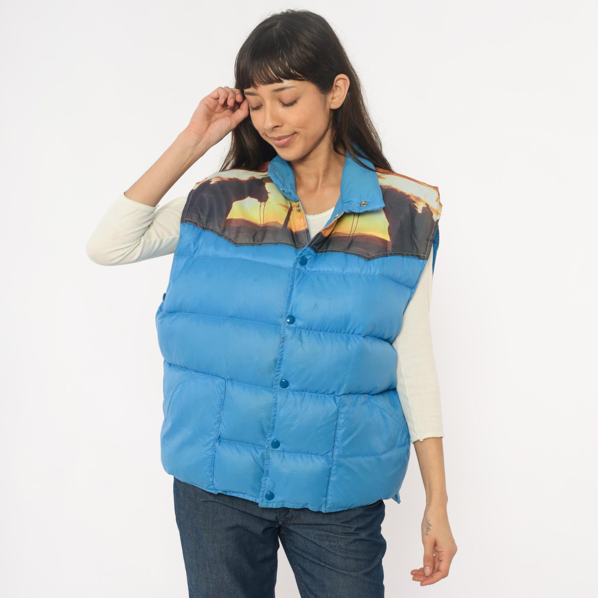 70s Western Sunset Puffer Vest Blue Down Quilted Snap Front Extra Large XL