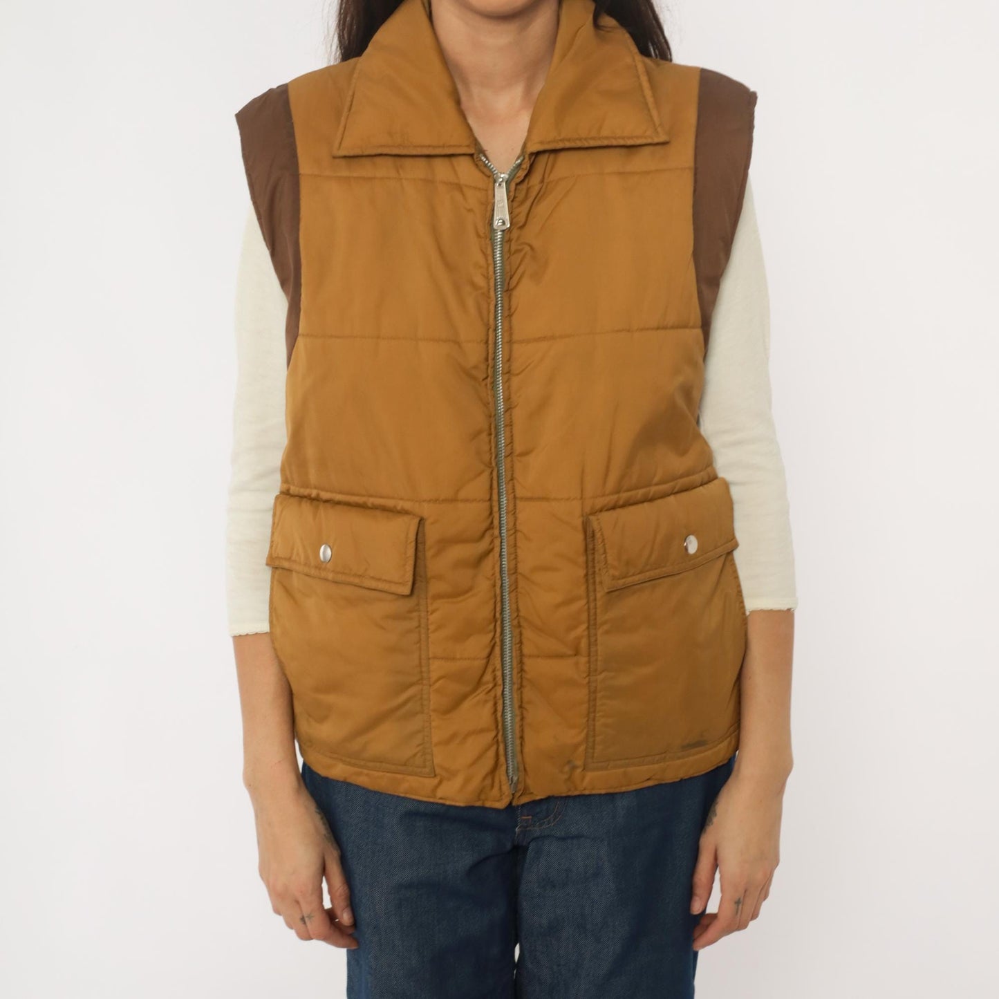 80s Mustard Brown Quilted Puffer Vest Nylon Zip Front Medium