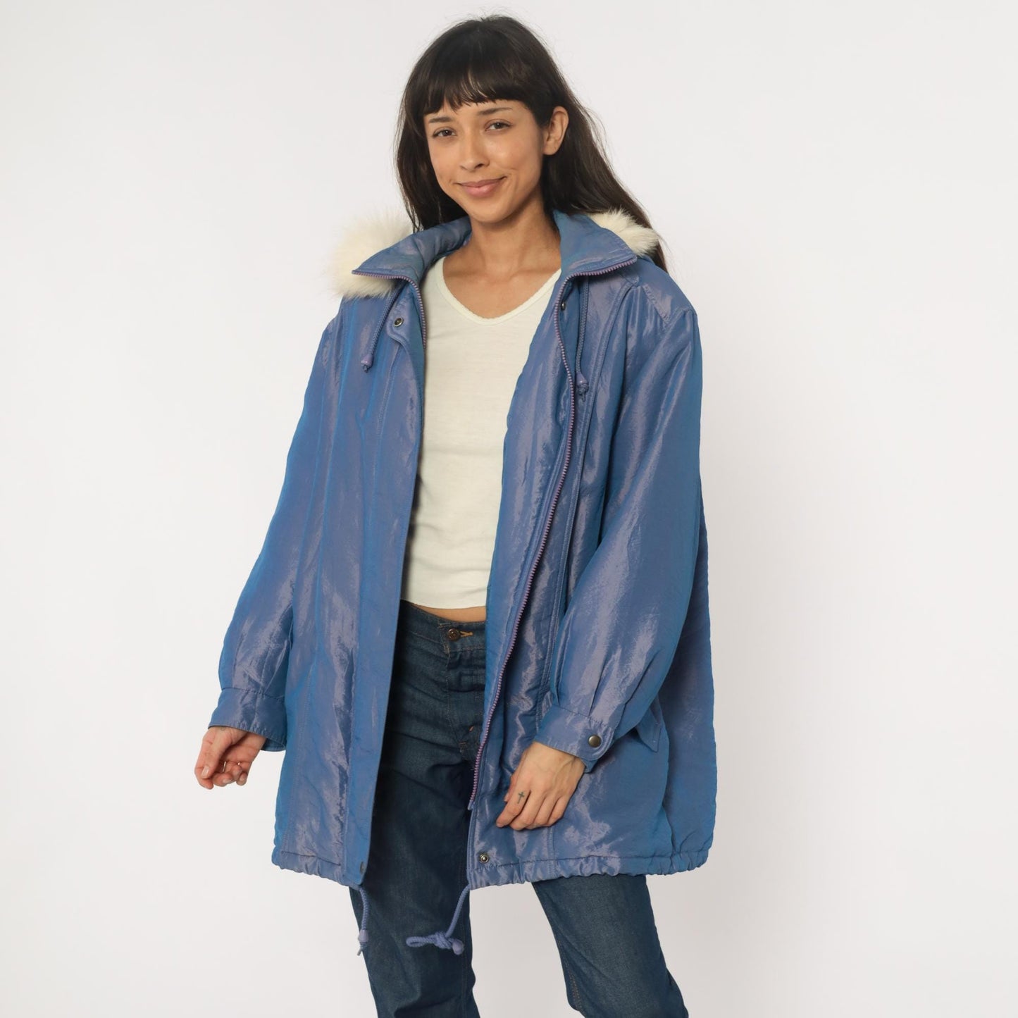 80s Periwinkle Iridescent Puffer Jacket Fur Trim Hood Windbreaker Large L