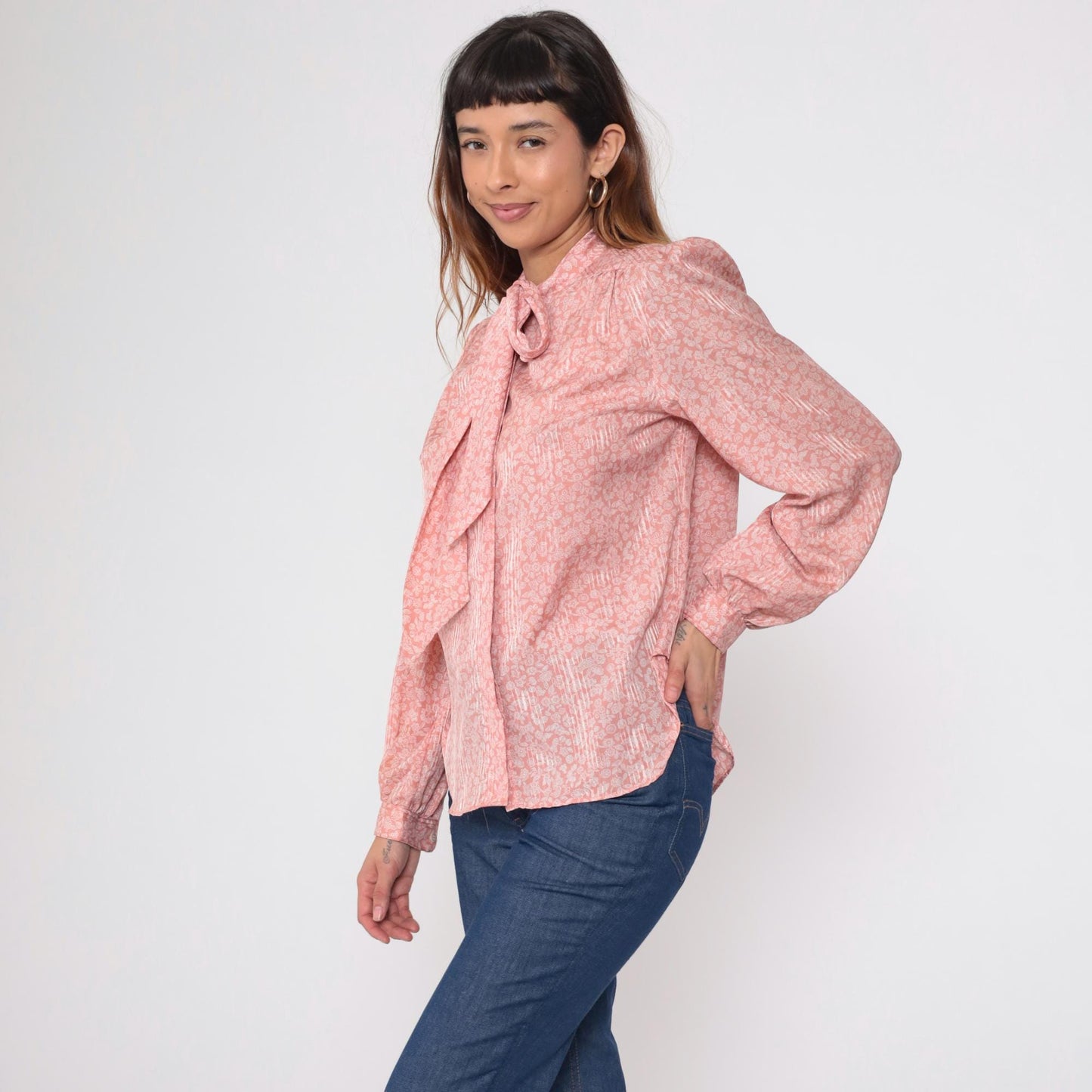 80s Evan Picone Pink Floral Bow Blouse Long Sleeve Medium M