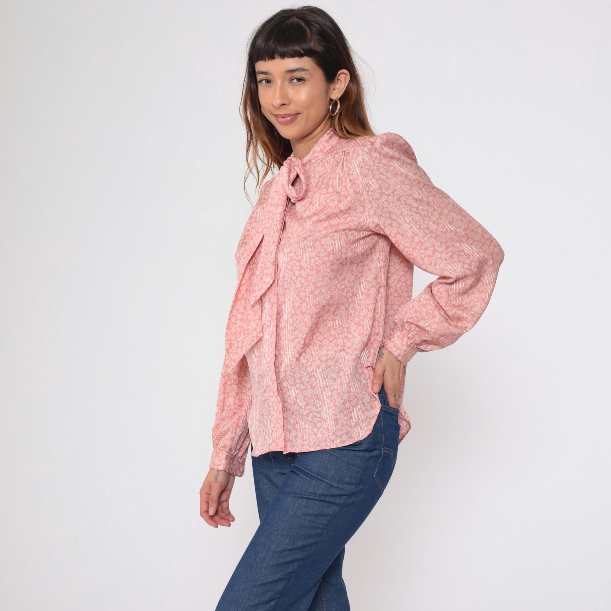 80s Evan Picone Pink Floral Bow Blouse Long Sleeve Medium M