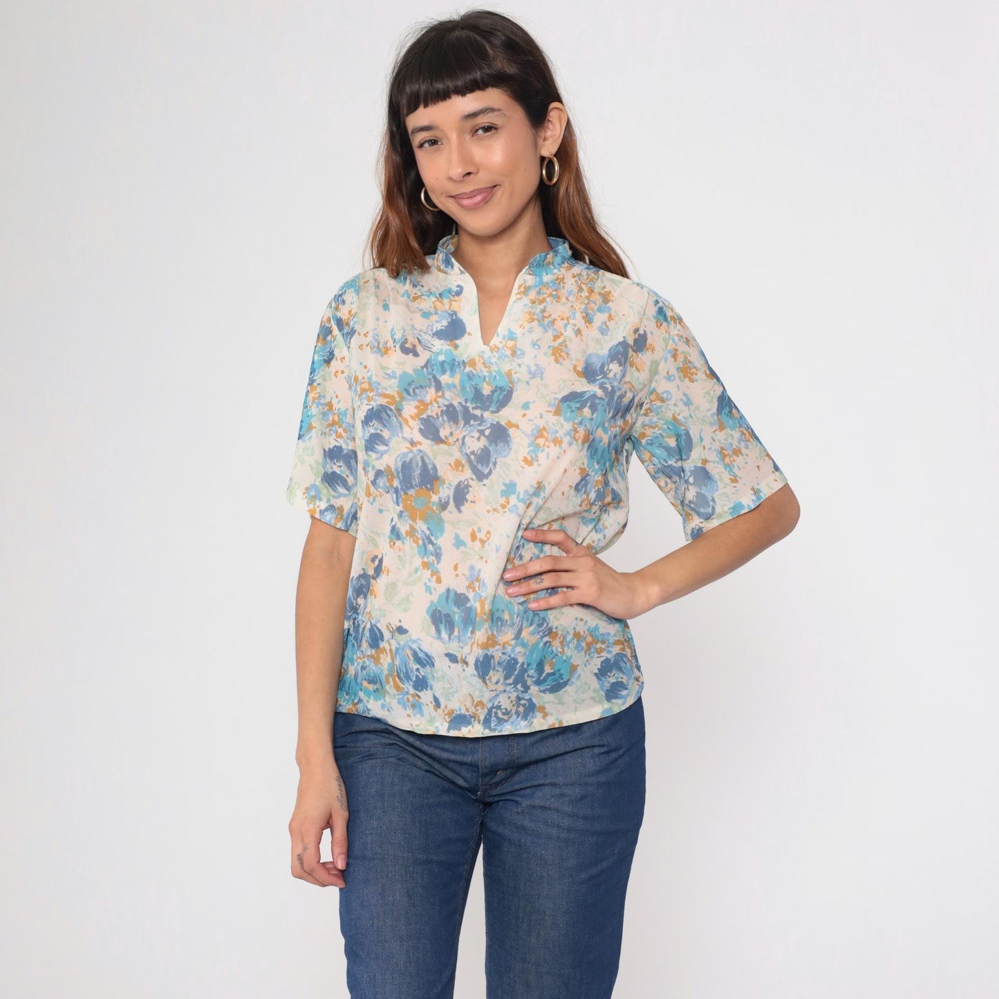 70s Floral Blouse Watercolor Print Blue Cream Sage Mandarin Collar Medium M