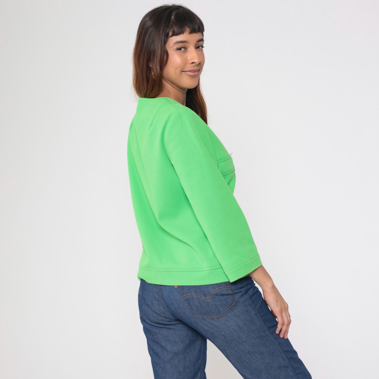 70s Lime Green Zip-Front Jacket Collarless Mod Blazer Medium M